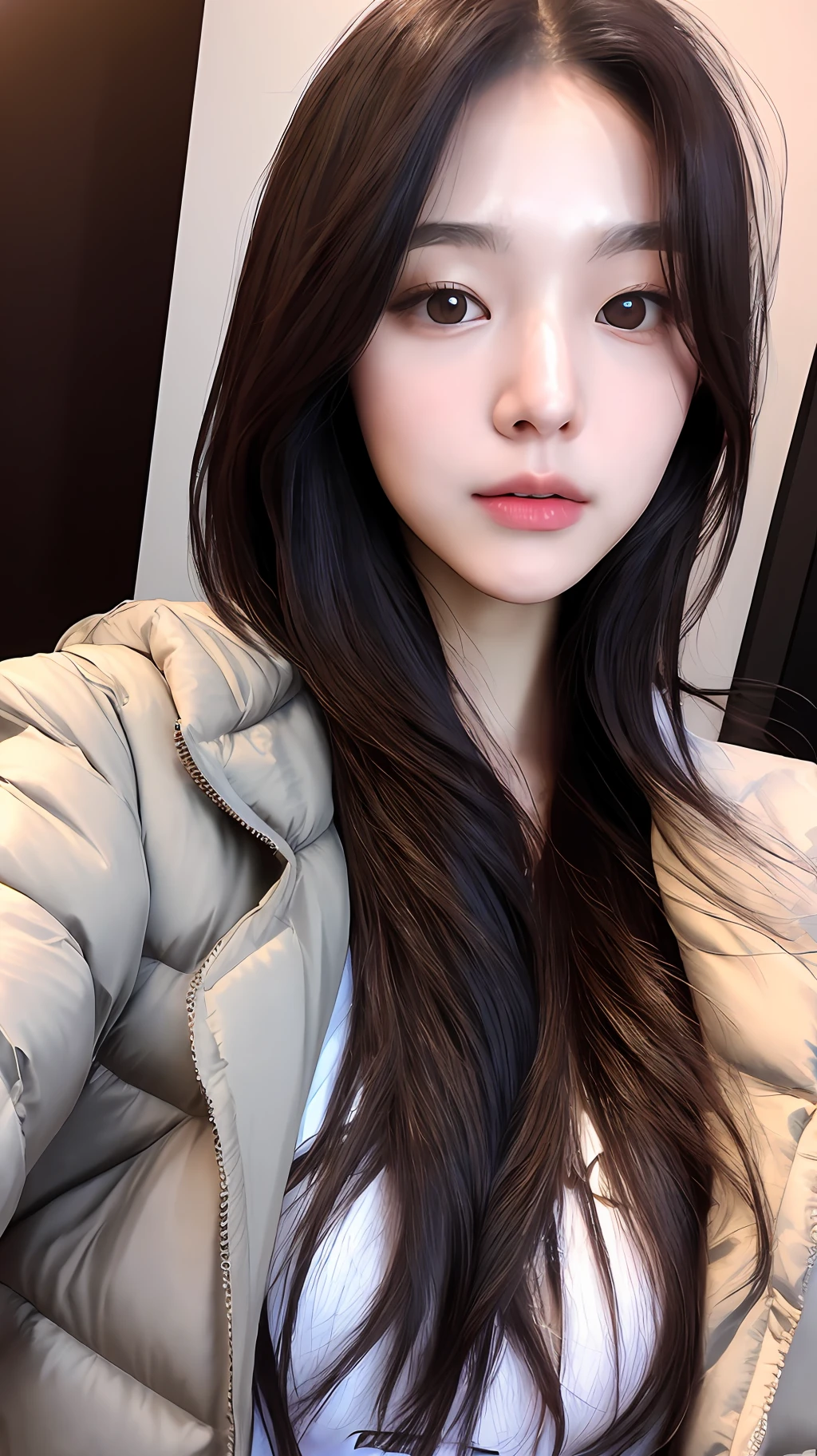 realistic photos of (1 cute Korean star) Shoulder-length hair, thin makeup, medium breasts size, wearing half jacket, selfie, clear facial features of Canon EOS, 8K high resolution, sharp and realistic details.