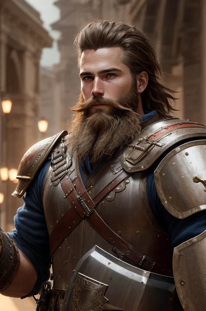 (Realism, cinematic lighting, high quality, high detail) + (young warrior short beard medium hair) holding (large shield) -> (16k)
