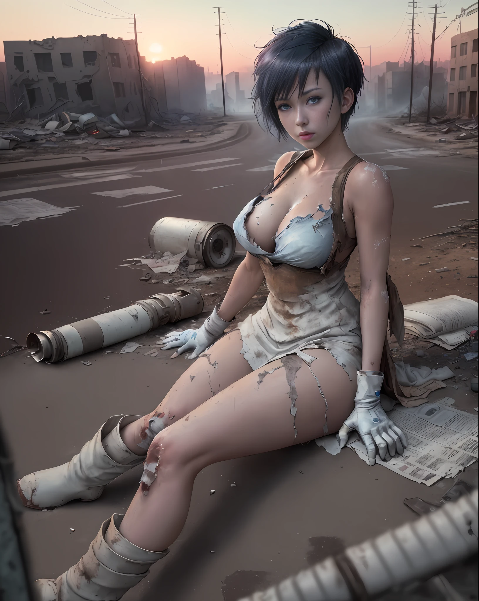 Hinata (beautiful and bold, seductive and attractive, blue eyes, pointed chests, short hair, robotic arms, torn socks, white nurse's dress, boot, short glove, thick legs). (deserted road, dirt road, smoke, abandoned cars, newspapers, abandoned objects, bodies lying on the ground, abandoned road, dark night, apocalyptic abandoned city scenery, cinematic effect), (Best quality, masterpiece, depth of field, Full HD, 4K, richness of detail). Portrait style