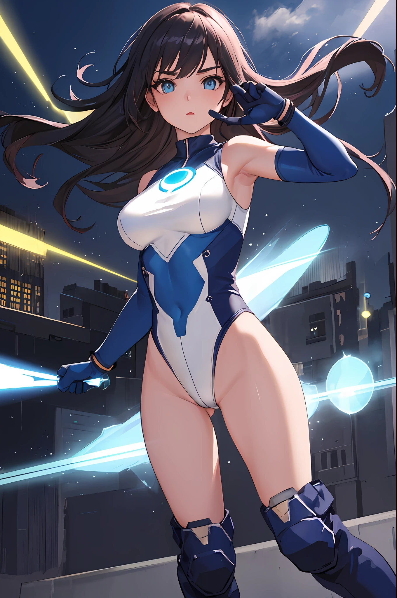 masterpiece, best quality, highres, 1girl, solo, superhero, leotard, bare legs, boots, matching boots, aura, blue aura, sleeveless, gloves, bracelets, matching gloves, looking at viewer, light particles, city backdrop, perfect hands, perfect eyes, powering up, perfect leotard, perfect legs, perfect arms, perfect fingers,