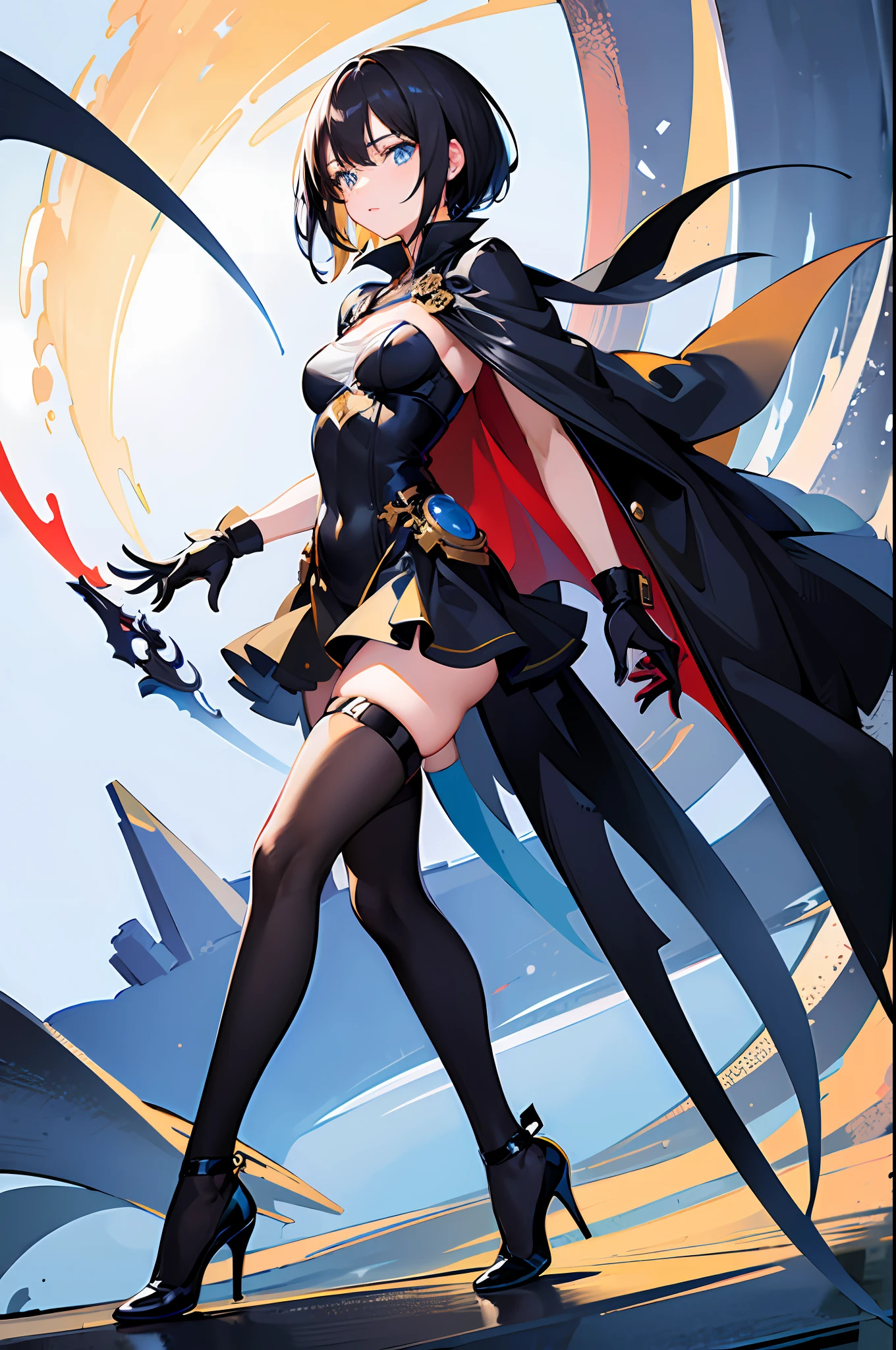 (Masterpiece, best quality: 1.2), 1girl, solo, mature, cool, digital art, jet black hair, short hair, delicate eyes, blue pupils, mysterious expression, cape, black and yellow color scheme, high heels, long whip, weapons