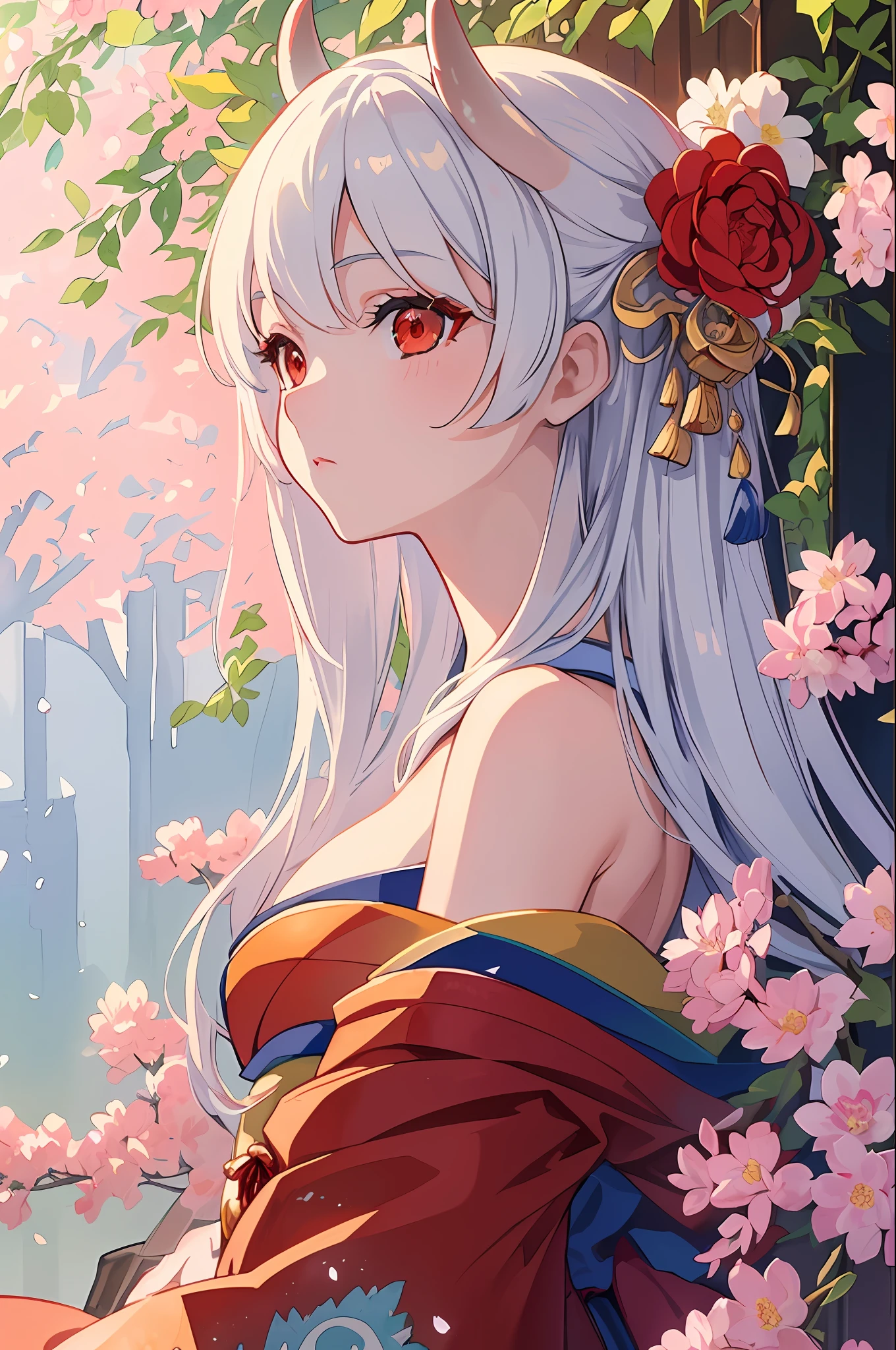 (masterpiece:1.2, best quality), (finely detailed beautiful eyes: 1.2), ((1girl)), ((solo)), (red eyes:1.4), (finely detailed eyes and detailed face:1.3), (beautiful and clear background:1.2), (extremely detailed CG, ultra-detailed, best shadow:1.1), ((depth of field)), ((watercolor)), (oni:1.5), (kimono:1.3), large breasts, bare shoulders, flowers and petals, beautiful concept illustration, (white background:0.5), (illustration:1.1), (extremely fine and beautiful:1.1), (perfect details:1.1), from side, cowboy shot,