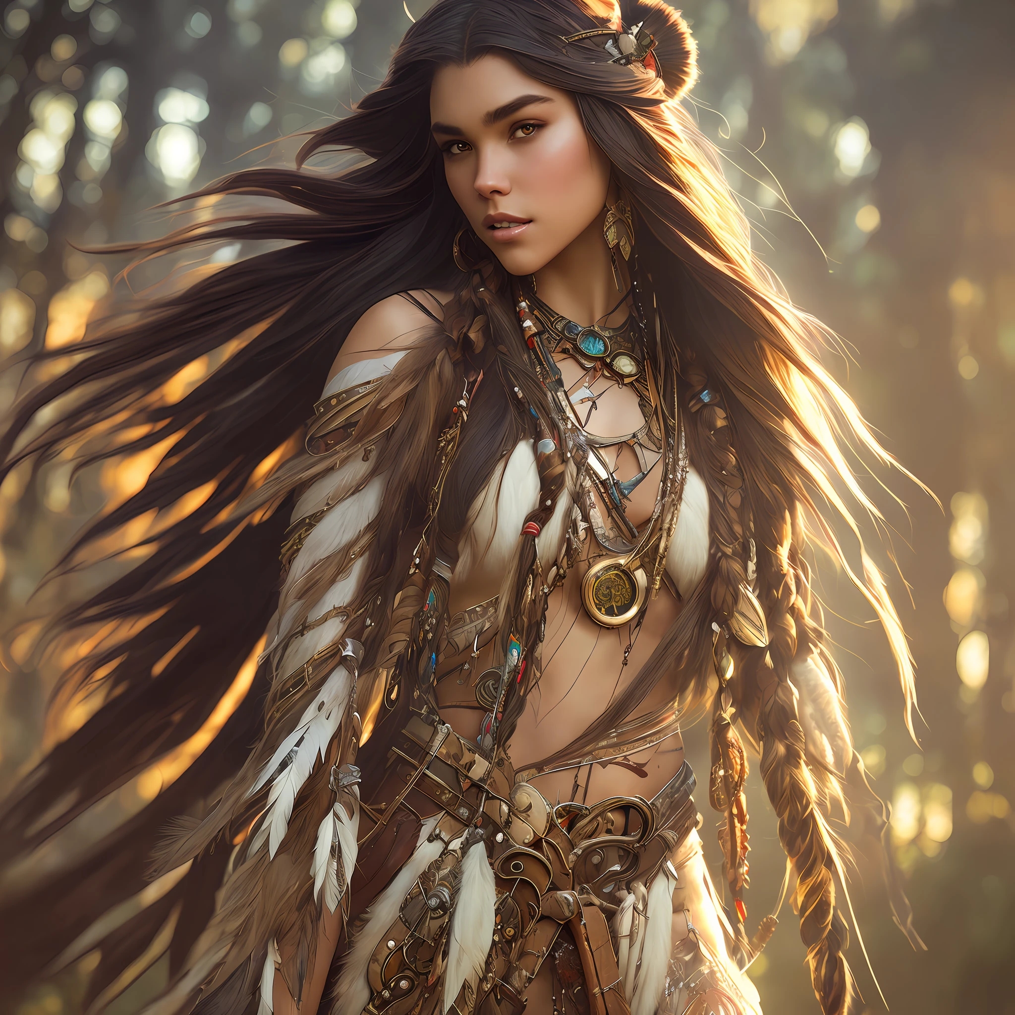 mdjrny-v4 style portrait photograph of Madison Beer as Pocahontas, young beautiful native american woman, feather jewelry, traditional handmade dress, armed female hunter warrior, (((wild west))) environment, Utah landscape, ultra realistic, concept art, elegant, ((intricate)), ((highly detailed)), (((depth of field))), ((professionally color graded)), 8k, art by artgerm and greg rutkowski and alphonse mucha