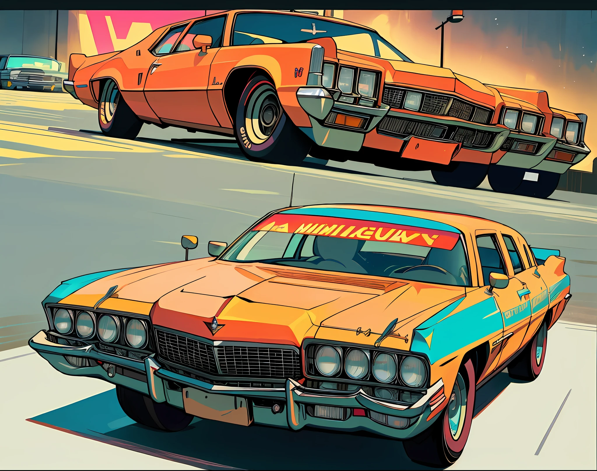 A '70s Cadillac limousine, transformed into an aerodynamic race car with a long, curved hood. The image should be a photorealistic representation of this unique vehicle. Aerodynamic details such as side skirts and spoilers must be accurately portrayed, as should the classic elements of the Cadillac limousine. The bright colors and neon details inspired by Wacky Races cars must be reproduced with authenticity. Large speakers at the rear, adding a fancy and fun touch to the vehicle, should also be included in the image. The lighting should highlight the details of the car and create realistic reflections. The image should convey the nostalgia of the 70s and the sense of speed and adventure in a stunning photorealistic representation.