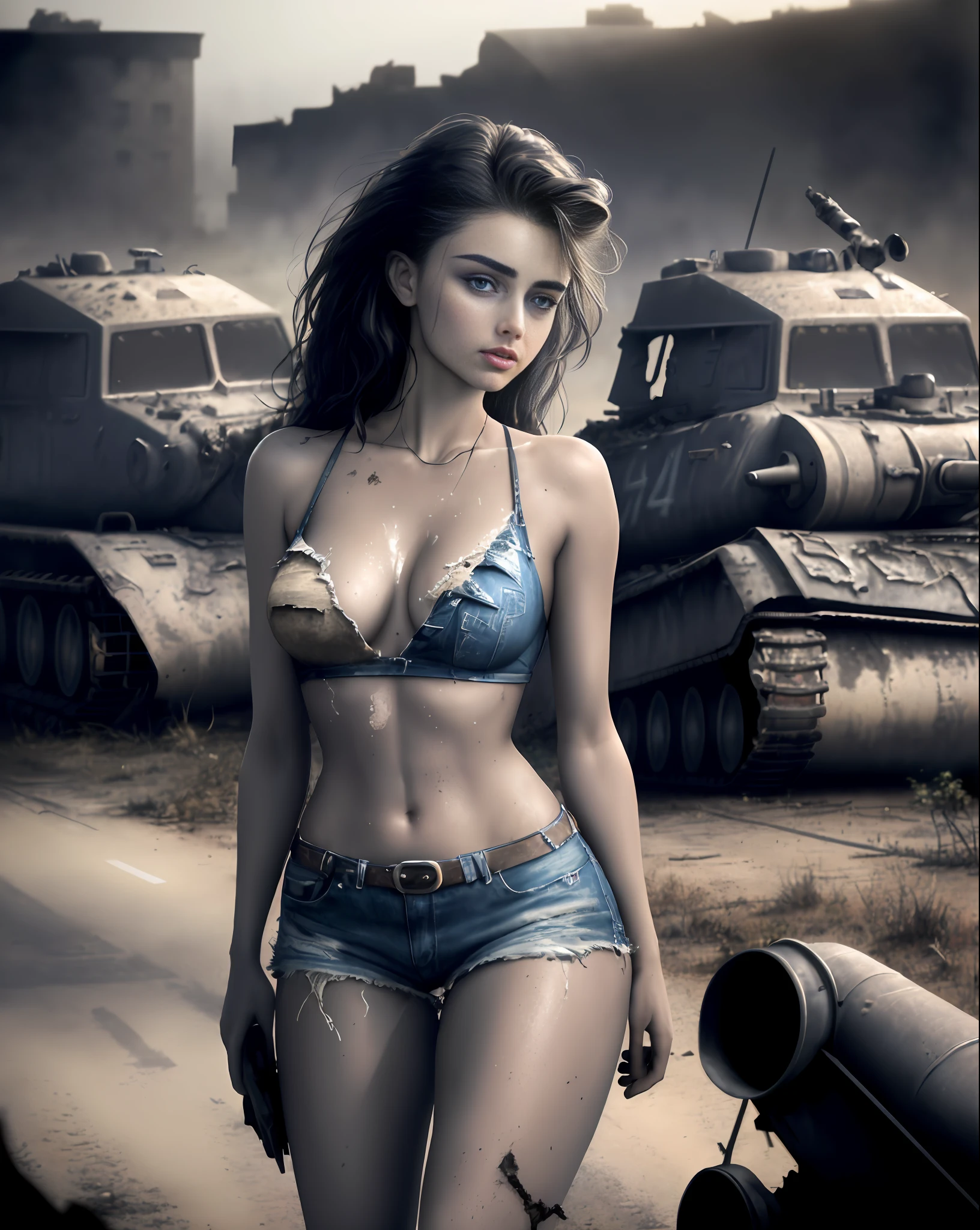 Taylor Hill (beautiful and bold, seductive and attractive, blue eyes, pointed chests, women's military clothing, thick legs). (deserted road, dirt road, smoke, abandoned cars, newspapers, abandoned objects, bodies lying on the ground, abandoned road, dark night, apocalyptic scenario, war, war tank, barbed wire, abandoned city, cinematic effect), (Best quality, masterpiece, depth of field, Full HD, 4K, richness of detail). Portrait style