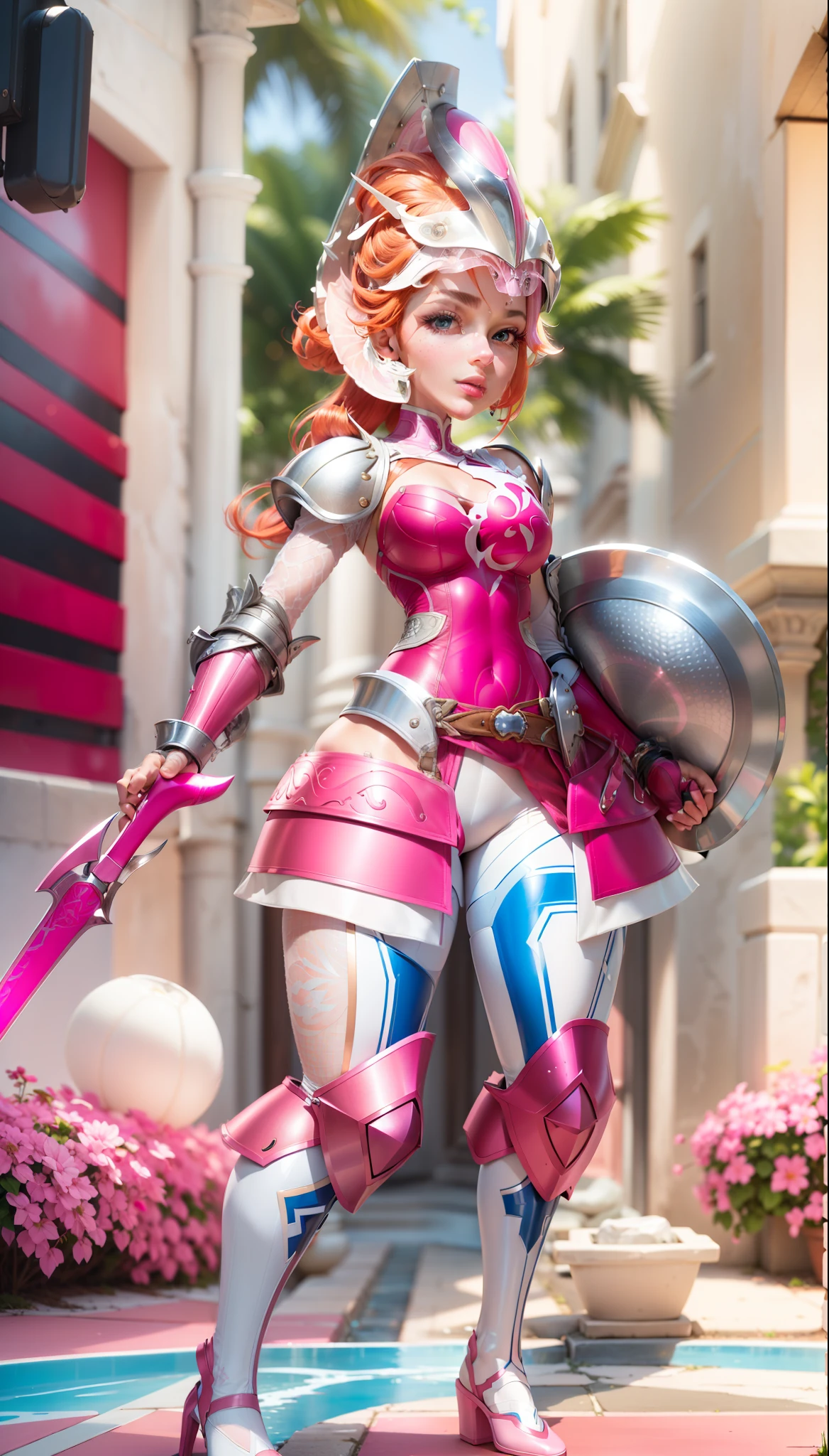 Close-up of woman in pink outfit holding a sword, smooth pink armor, fuchsia skin under armor, streamlined pink armor, matte pink armor, fuchsia skin, bright fuchsia skin, sharp silver fuchsia skin, smooth fuskia leather, shining pink armor, (best quality, masterpiece: 1.4), high-quality detailed graphics, perfect face, extremely delicate and beautiful, detailed skin texture, detailed fully visible face, realistic face, beautiful big eyes, fully visible face, light white skin, (solid shield: 1.3), (shield without holes), hair tail from under the helmet at the back, blonde red hair tail, (red hair tail: 1.3), blue eyes, (fuchsia leather pants), straight lips, perfectly detailed lips, perfectly detailed eyes, perfectly detailed fingers, fingers clenched into a fist in one hand