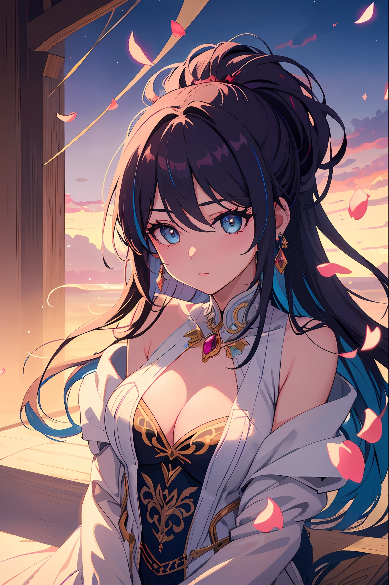 Create a beautiful image with light and shadows that enhance the details. The image should feature a female character in a beautiful and striking pose, with multicolored hair, earrings and long eyelashes to accentuate her beautiful eyes. Add a dramatic special touch including wind, petals and the twilight backdrop to the artwork.