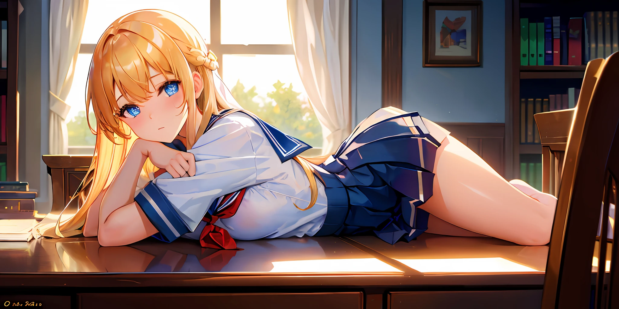 ((masterpiece, best quality, high resolution)), 1girl, solo, blue eyes, long golden hair tied with blue ribbon, blunt bangs, sitting, arms crossed on the table, sleeping on the crossed arms, school uniform, white serafuku, red sailor's collar, short sleeves, white pleated skirt, (in the library), dramatic light, next to the window, afternoon light through the window, afternoon,  bokeh effect