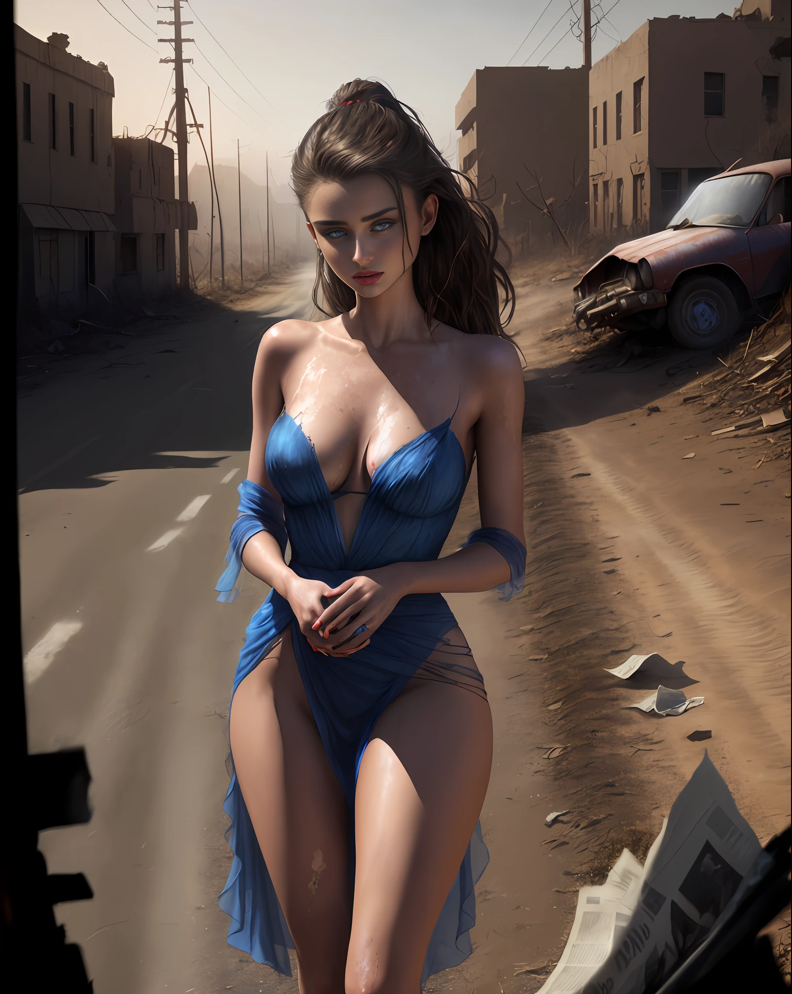 Taylor Hill (beautiful and bold, seductive and attractive, blue eyes, pointed breasts, long red dress of chiffon fabric, thick legs). (deserted road, dirt road, smoke, abandoned cars, newspapers, abandoned objects, bodies lying on the ground, abandoned road, dark night, apocalyptic scenery, barbed wires, abandoned city, cinematic effect), (Best quality, masterpiece, depth of field, Full HD, 4K, richness of detail). Portrait style