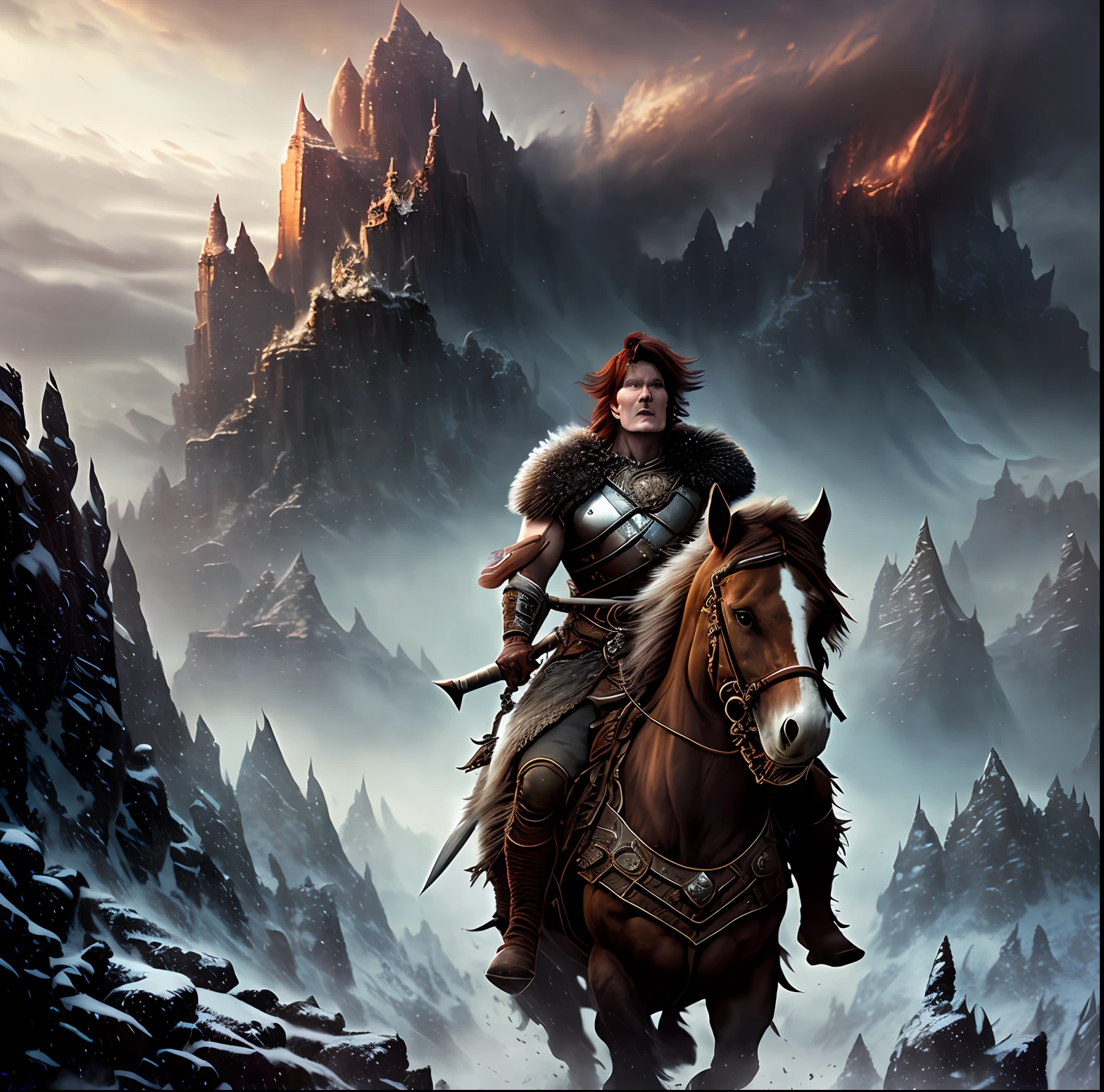 Conan the barbaria, mounted on horse with hyper detailed dark fur, in winter art, artstation, hazy background, realistic epic, rutkowski, hdr, intricate details, hyperdetailed, cinematic, rim light, muted colors: 1.2, dark fantasy, dark and reddish sky, with dark mountains in the background, dark and dangerous atmosphere
