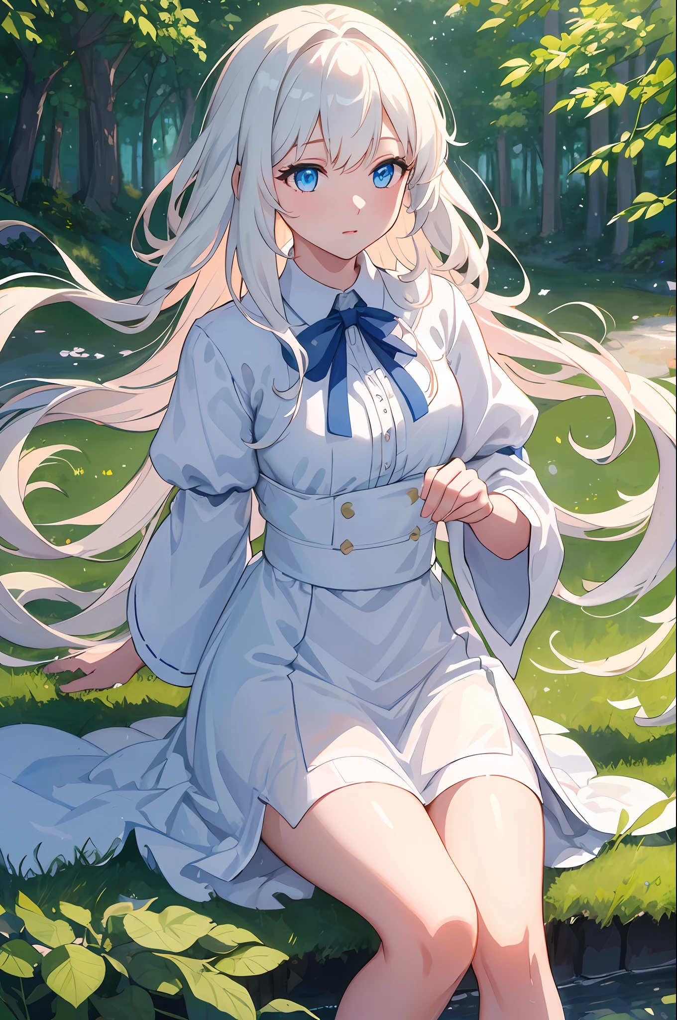 ((extremely detailed CG unity 8k wallpaper,masterpiece, best quality, ultra-detailed),(best illumination, an extremely delicate and beautiful)),floating,
[(1girl,long white hair),beautiful,white dress,(blue eyes:1.2),neck ribbon, delicate features,((watercolor)|(oil painting)),detail-rich], 
[(Colorful forest,spotted with light and shadow,depth of field,leaves and grass waving,natural volumetric lighting) : 0.75]