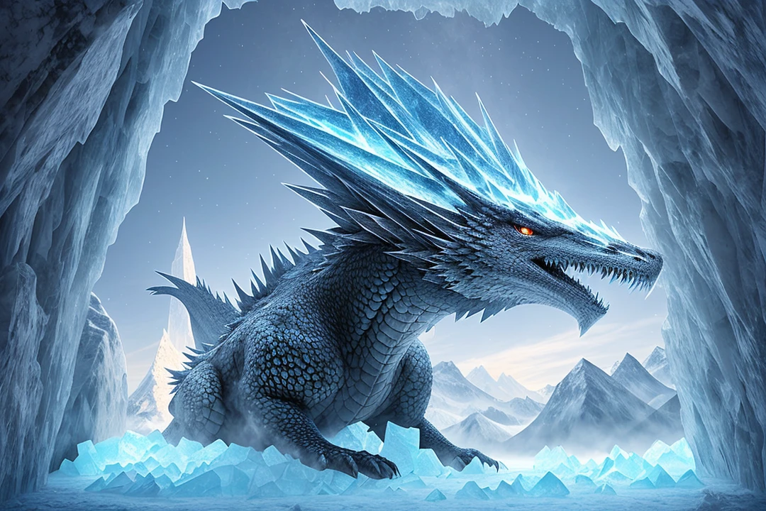 a huge mountain that is encased in a block of translucent frosty ice that has a giant dragon perched on top of the mountain inside of the ice