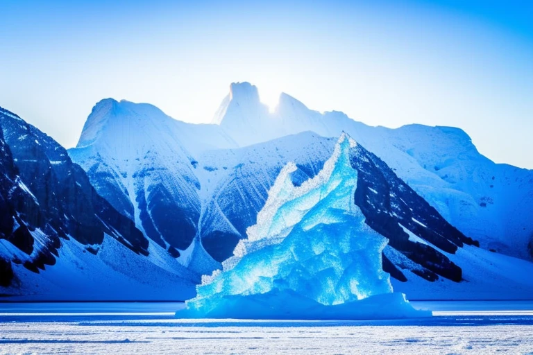 a huge mountain that is encased in a block of translucent frosty ice that has a giant dragon perched on top of the mountain inside of the ice