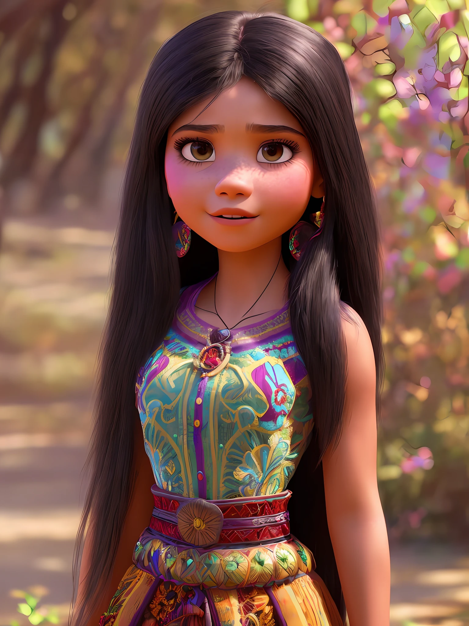 (Pixar style) A waist-high portrait of a Mexican girl with long hair, natural skin texture, 4K textures, HDR, intricate, highly detailed, sharp focus, hyper-detailed