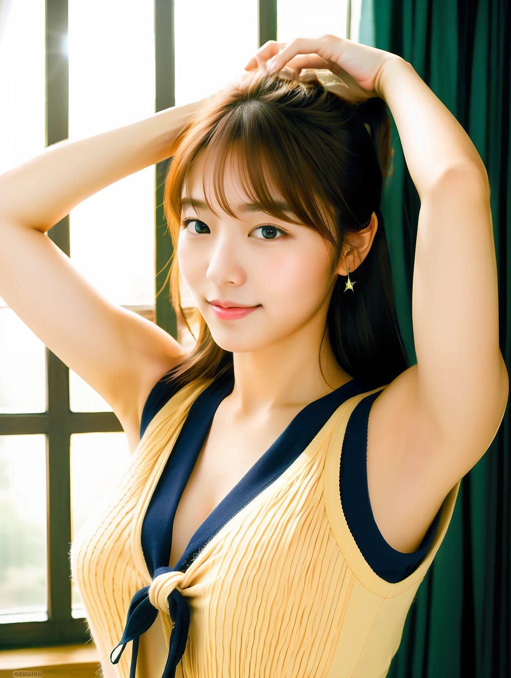 realistic photos of (1 cute Korean star) tying her hair, light makeup, medium breasts size, slightly smile, vest, sude the window room, clear facial features of Canon EOS, 8K high resolution, sharp and realistic details.