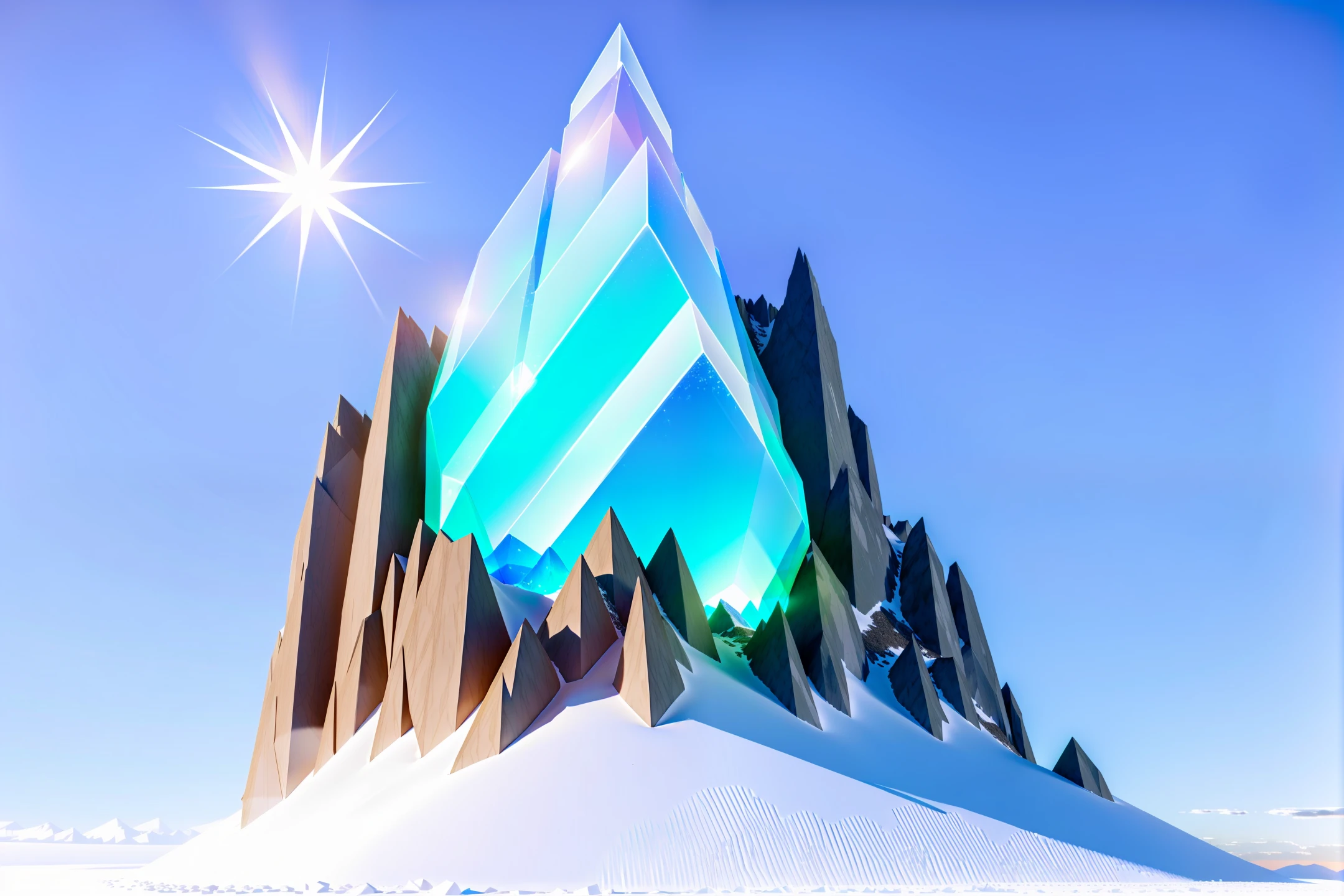 a huge mountain that is encased in a block of translucent frosty ice that has a giant dragon perched on top of the mountain inside of the ice