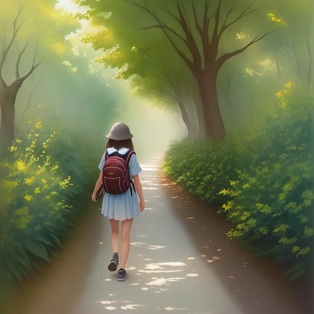 there is a girl with a backpack walking down a path, water color painting