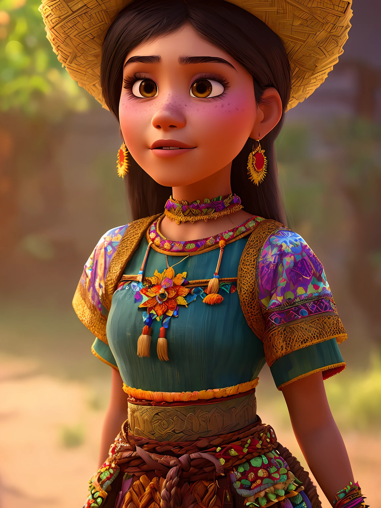 (Pixar style) A waist-high portrait of a Mexican girl in typical costumes, natural skin texture, 4K textures, HDR, intricate, highly detailed, sharp focus, hyper-detailed