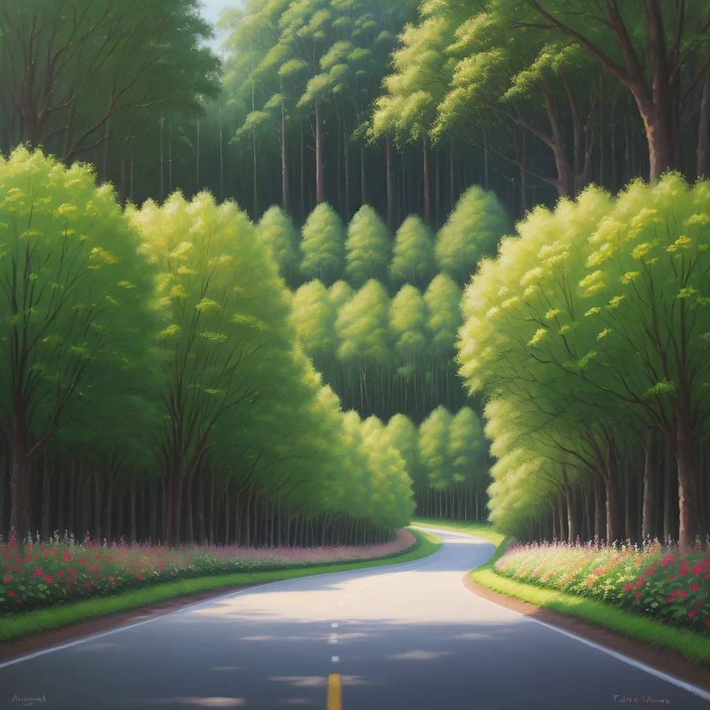 a road, sided with green tall trees and flower garden, oil painting