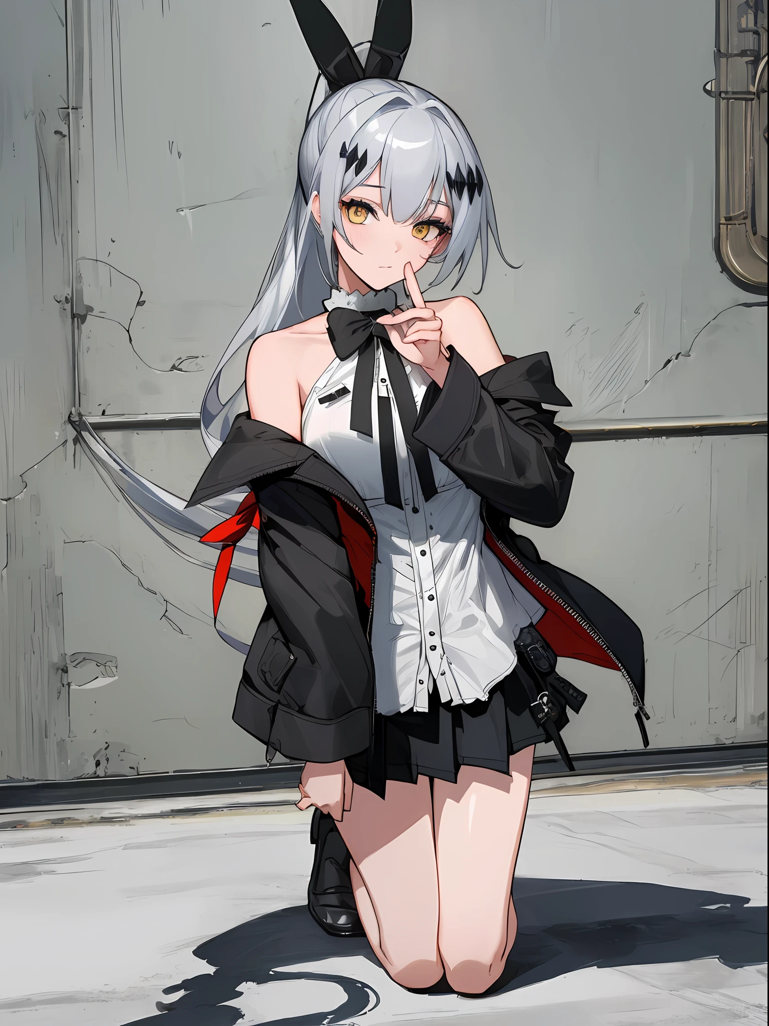 (Extremely detailed CG 8k unit wallpaper), (masterpiece), (best quality), (ultra detailed: 1.3), (best illustration), ((best shadow)),((high resolution)), (sharp eyeliner), eye shadow, (detailed eyes: 1.2), (fiveseven: 1.2), 1 girl, long ponytail, silver hair, (black jacket off the shoulder), black pleated skirt, flower field