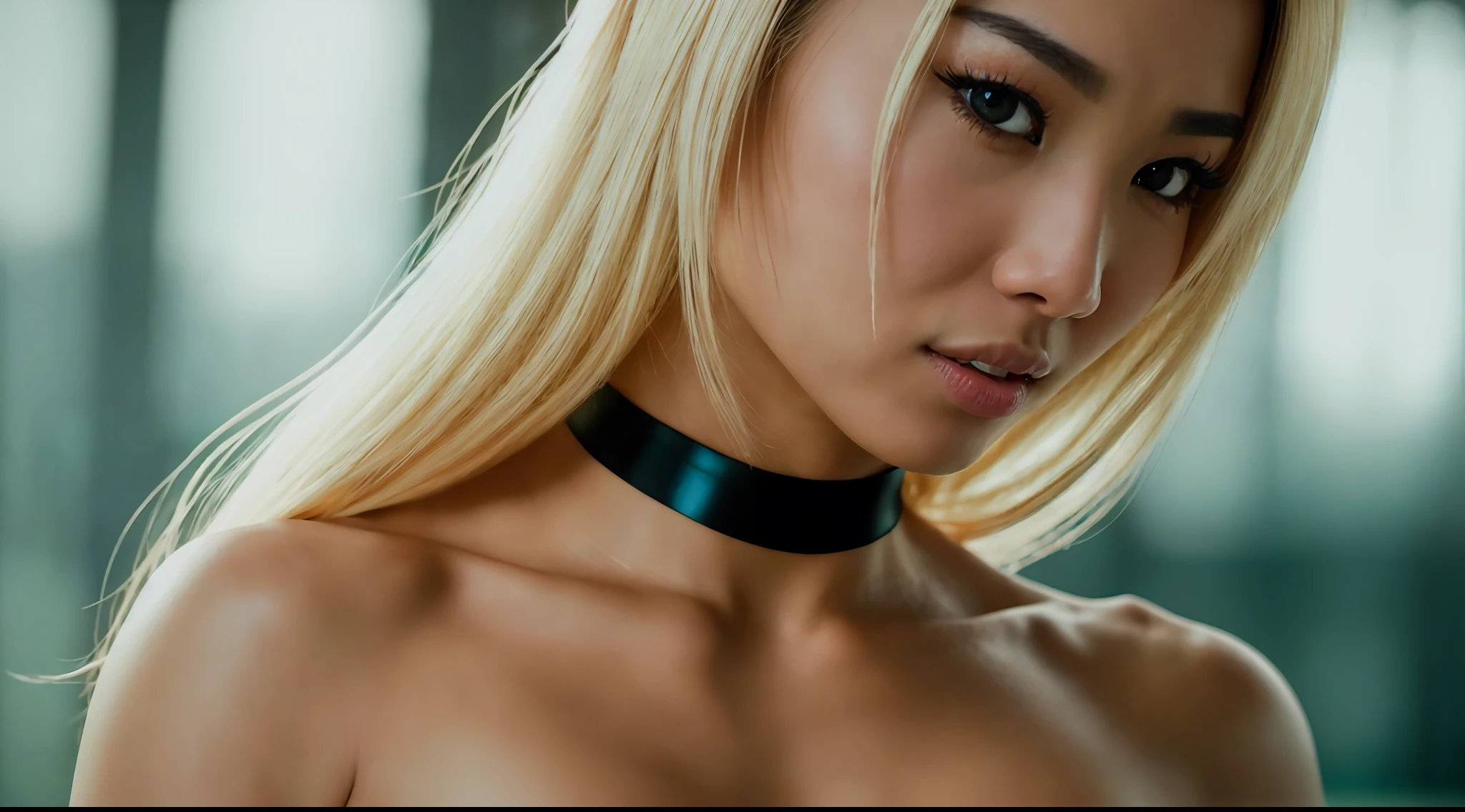 cinematic medium close up portrait of a beautiful young Asian woman with blond hair and a bodybuilder physique, wearing a stormtrooper from star wars, Key light, backlight, natural lighting, photography 400 ISO film grain 30mm lens RAW aperture f1.8, art photographer, movie still poster from Lord of the Rings, medium intricate print, choker