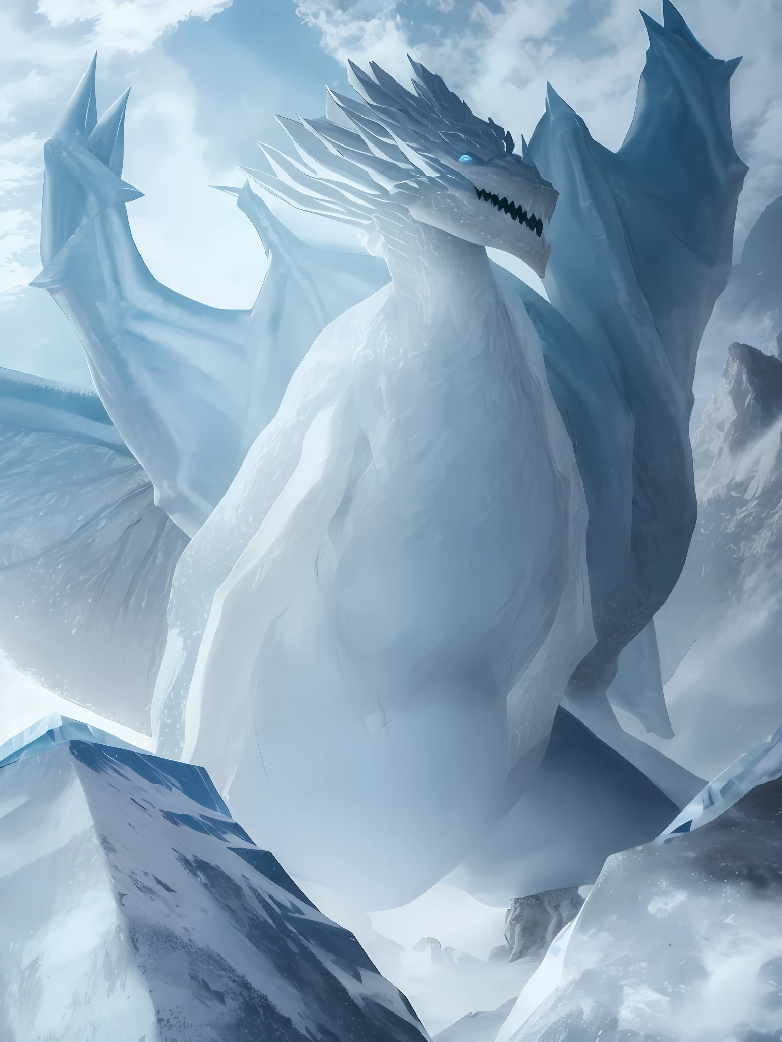 a huge stone mountain that is encased in a block of translucent frosty ice that has a giant dragon perched on top of the mountain inside of the ice