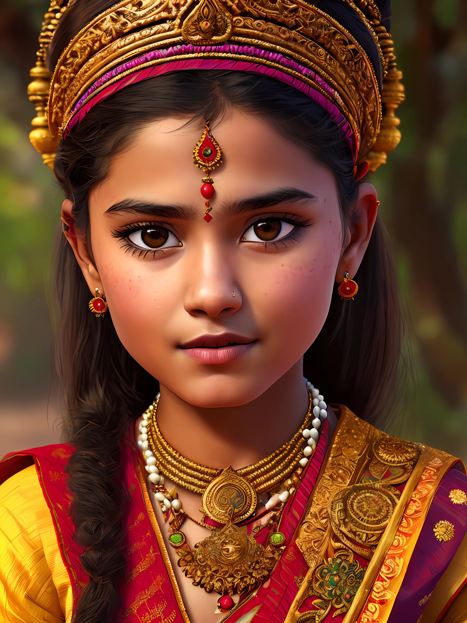 A portrait of a Hindu girl in typical costumes, 4K textures, HDR, intricate, highly detailed, sharp focus, hyper-detailed