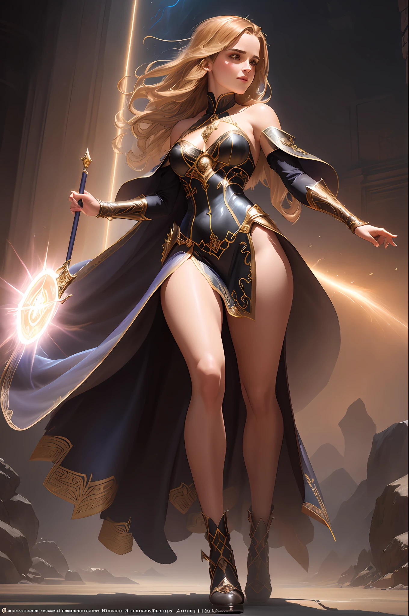 Emma Watson as a powerful mysterious sorceress, casting magical rays, detailed costumes, digital painting, hyper-realistic, fantasy, surrealist, full body, by Stanley Artgerm Lau and Alphonse Mucha, art station, highly detailed, sharp focus