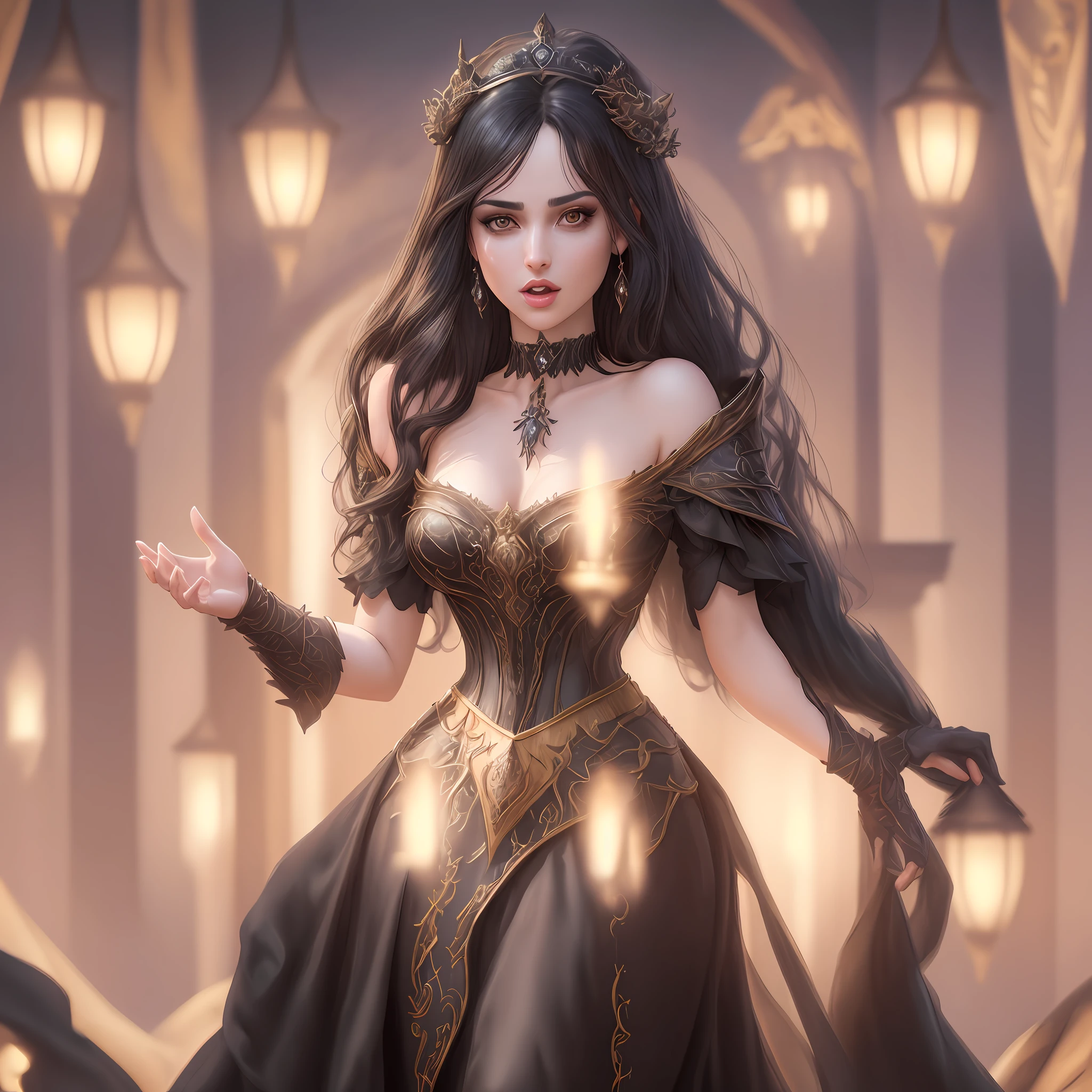 "Complete artwork masterpiece, high quality, ultra detailed in 4k, 8k, high resolution, hyper-realistic photo, hyper-detailed, realistic skin texture, amazing shadows, highly detailed background, extremely detailed texture, perfect lighting, high-level image quality." A queen of high fantasy realm, fair skin, full body pic, long elegant black dress, long black hair, brown eyes, defined face, half-open mouth, small breasts, choker, use woman from reference picture as role model, night lights, high detailed background of fantasy realm night.