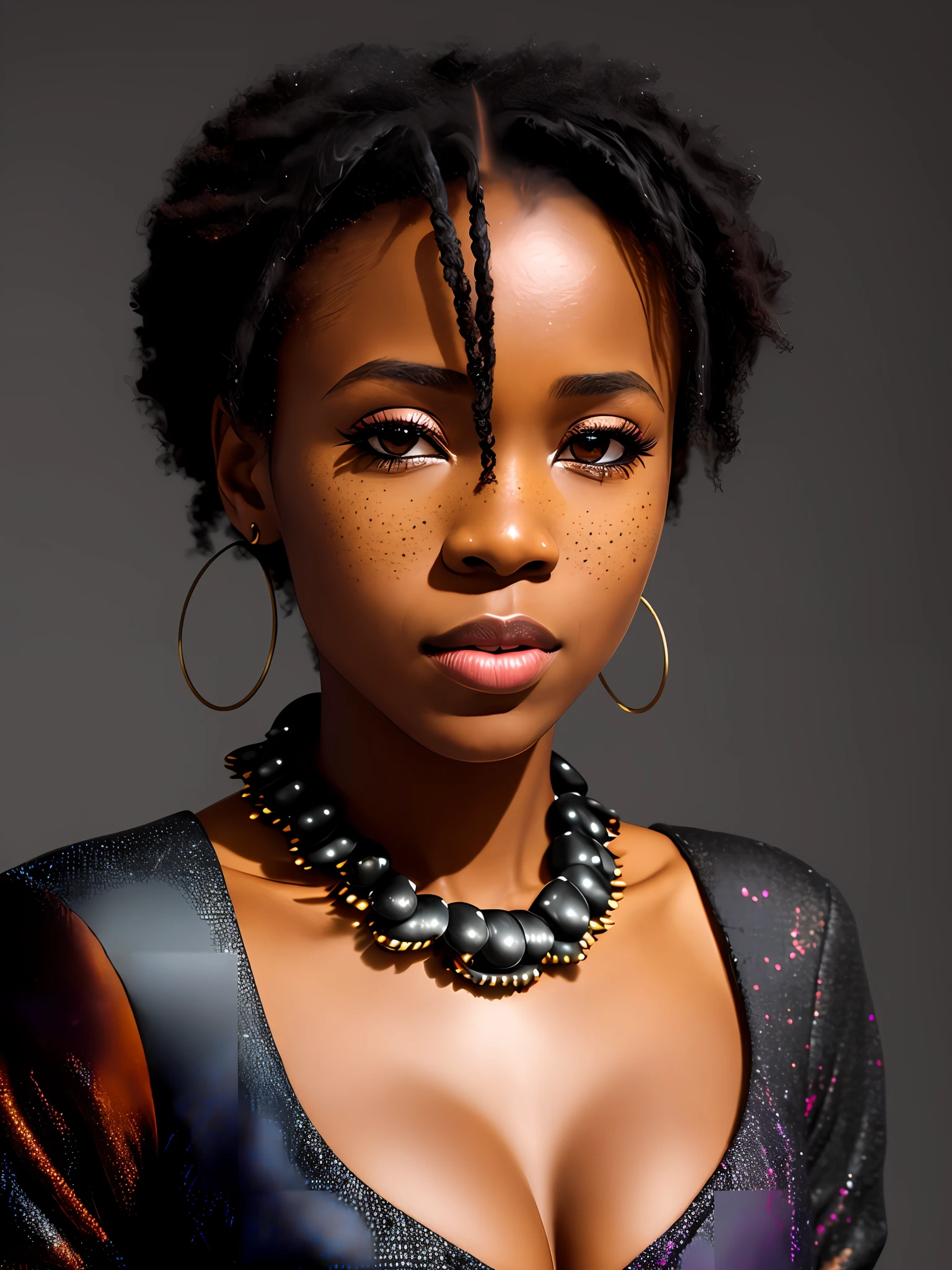 African woman, short dress, posing, evil vampire, black clothing, full body, ultradetailed, HD, 8K, highlights, good lighting, ((art by Emmanuelle Moureaux and (Wangechi Mutu:1.1))), , small freckles, nostalgia , Professional high detail photography, detailed skin, textured skin, skin pores, skin details, ((detailed pupils)), high details, photorealistic, sharp focus, nikon d7500 24mm, f/1.4, ISO 100, 1/ 1600s, UHD 64k, RAW, unedited photography, depth of field, bokeh, dramatic