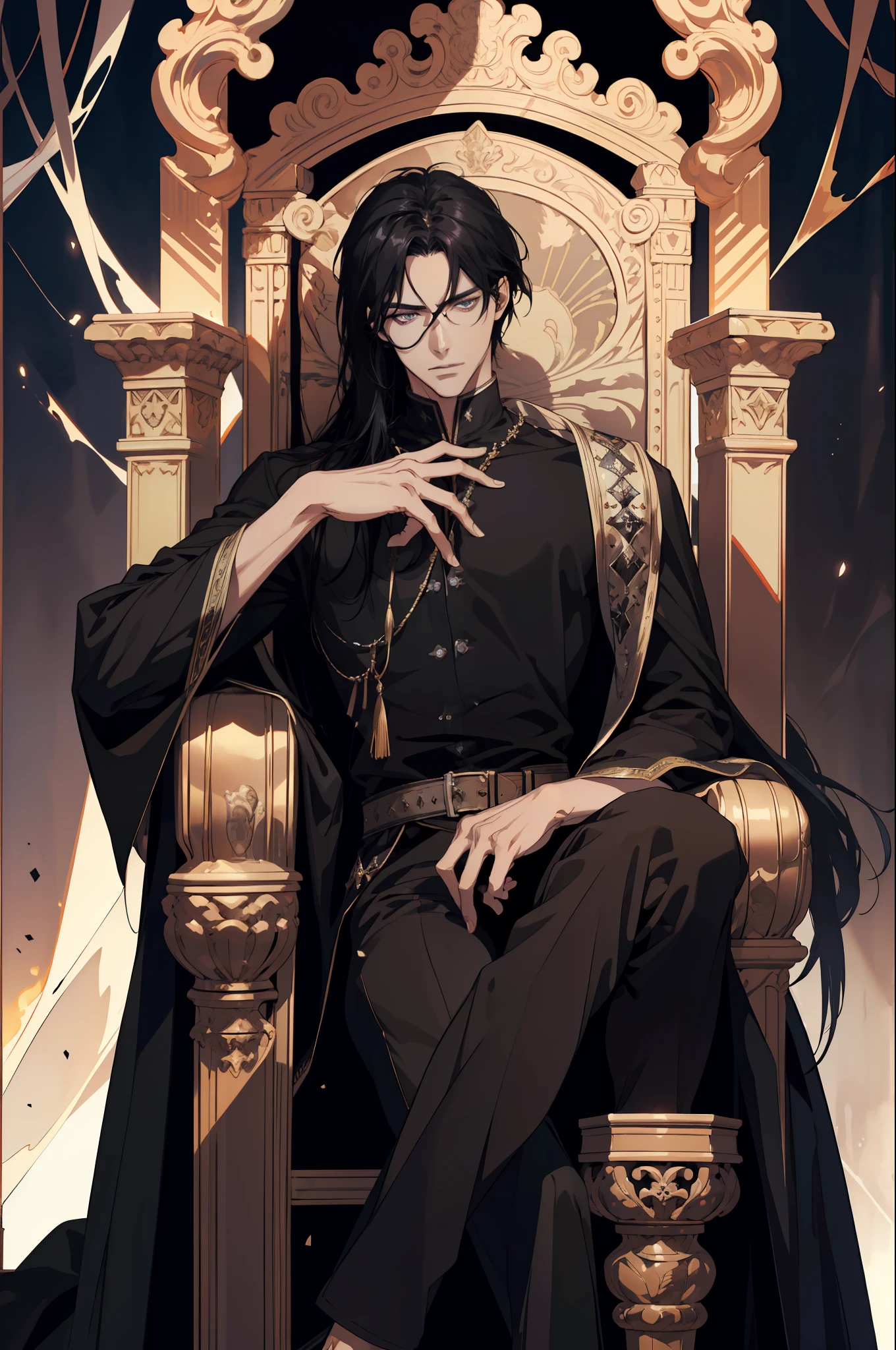 (absurd, high resolution, ultra detailed), 1 man, adult, handsome, tall and muscular boy, broad shoulders, finely detailed eyes and detailed face, long black hair, onyx colored eyes, fantasy, magnificent background,shadow effect, throne, magic effect, flame