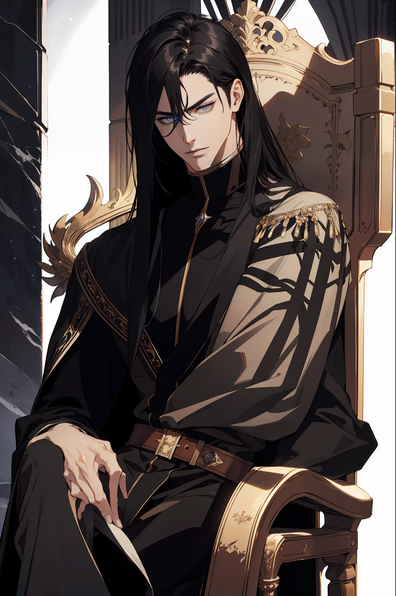 (absurd, high resolution, ultra detailed), 1 man, adult, handsome, tall and muscular boy, broad shoulders, finely detailed eyes and detailed face, long black hair, onyx colored eyes, fantasy, magnificent background,shadow effect, throne, magic effect, flame