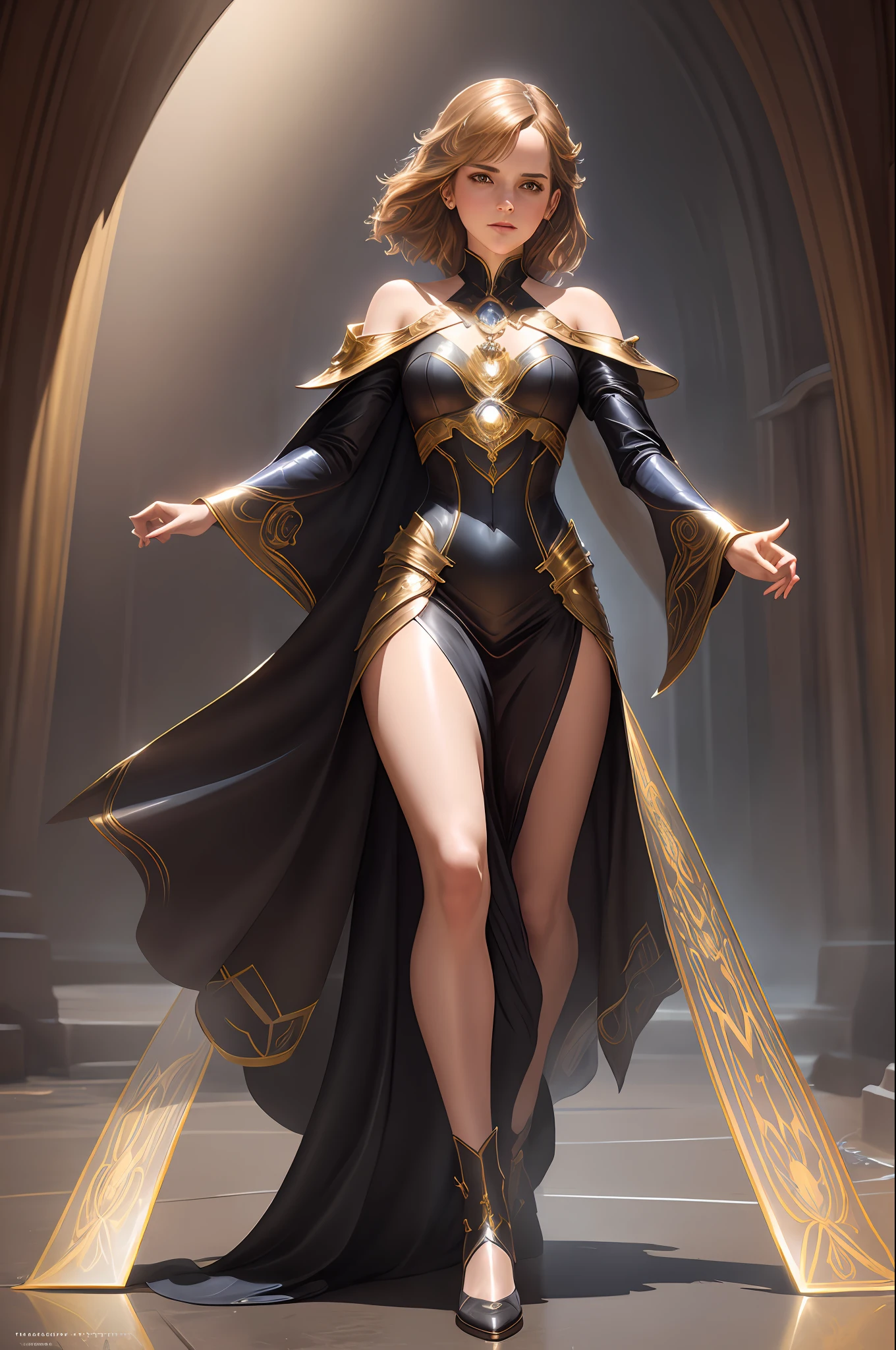 Emma Watson as a powerful mysterious sorceress, casting magical rays, detailed clothing, digital painting, hyperrealistic, fantasy, surrealistic, full body, by Stanley Artgerm Lau and Alphonse Mucha, station art, highly detailed, sharp focus, sci-fi, gorgeous, dystopian, iridescent gold