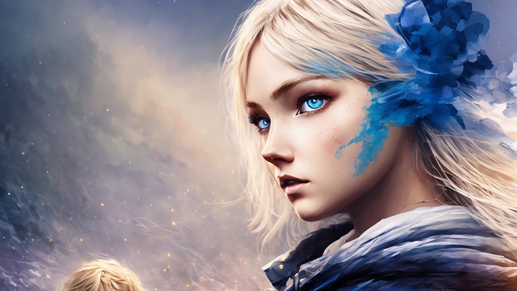 illustration style Midjourney v4 PaintArt, blonde girl with blue eyes, high detail on face, realistic looking people, humans, contrasting color palette