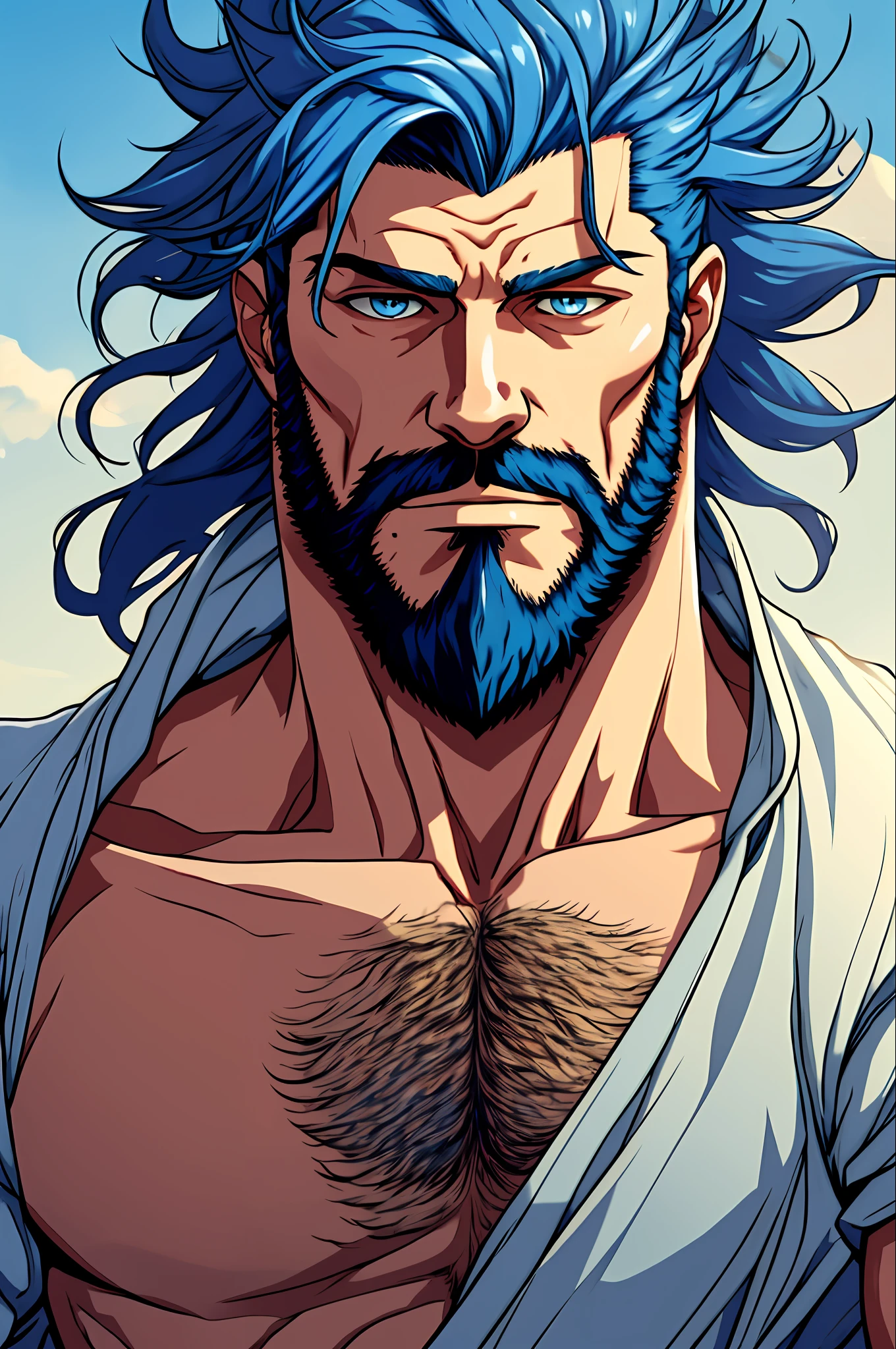 masterpiece, best quality, 1boy, male focus, solo, facial hair, beard, blue hair, blue eyes, looking at viewer, realistic, long hair, closed mouth, mustache, shirt, portrait, upper body, wild hair, fluffy hair, wind swept hair,