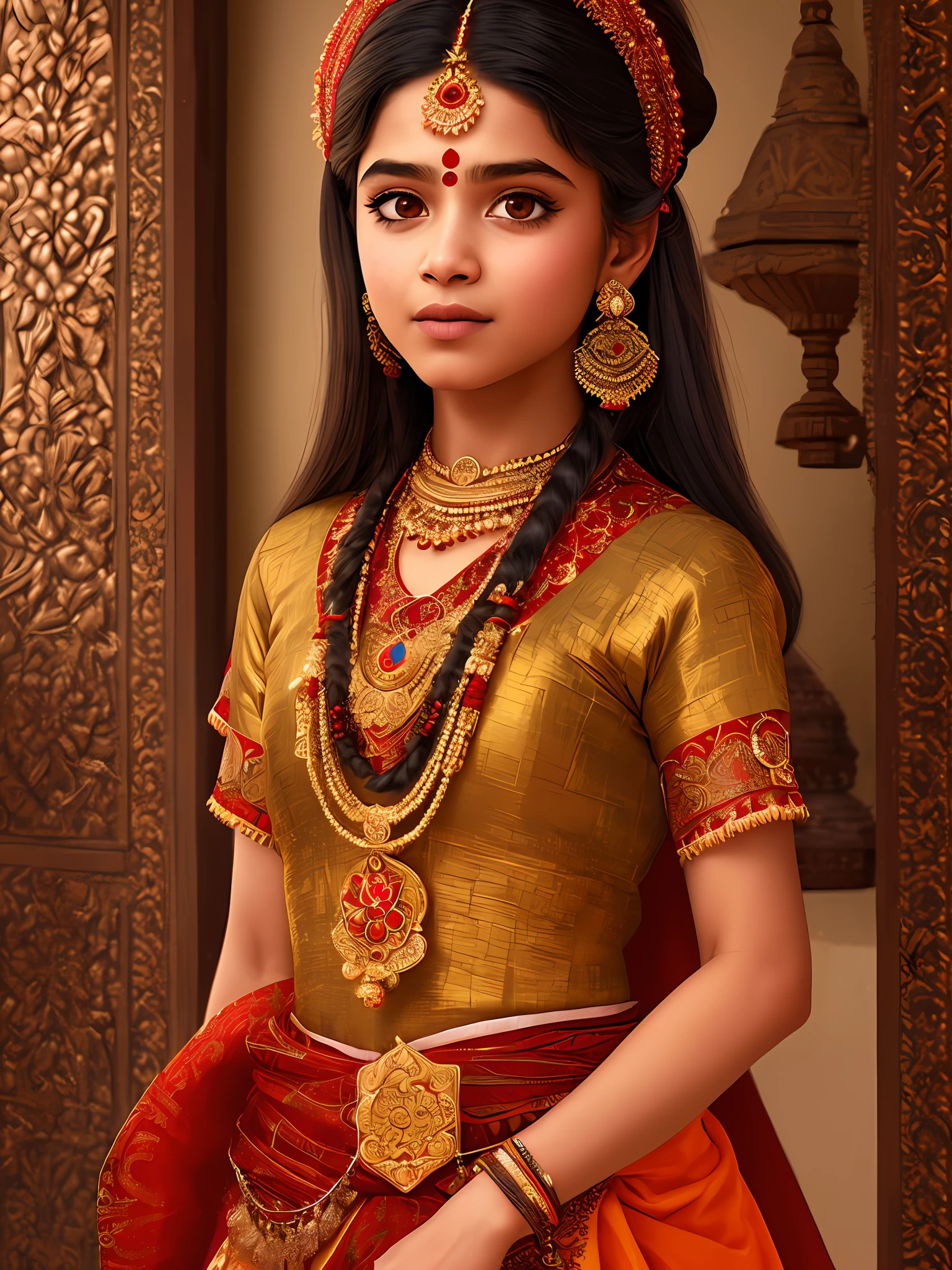 A portrait of a Hindu girl in typical costumes, 4K textures, HDR, intricate, highly detailed, sharp focus, hyper-detailed