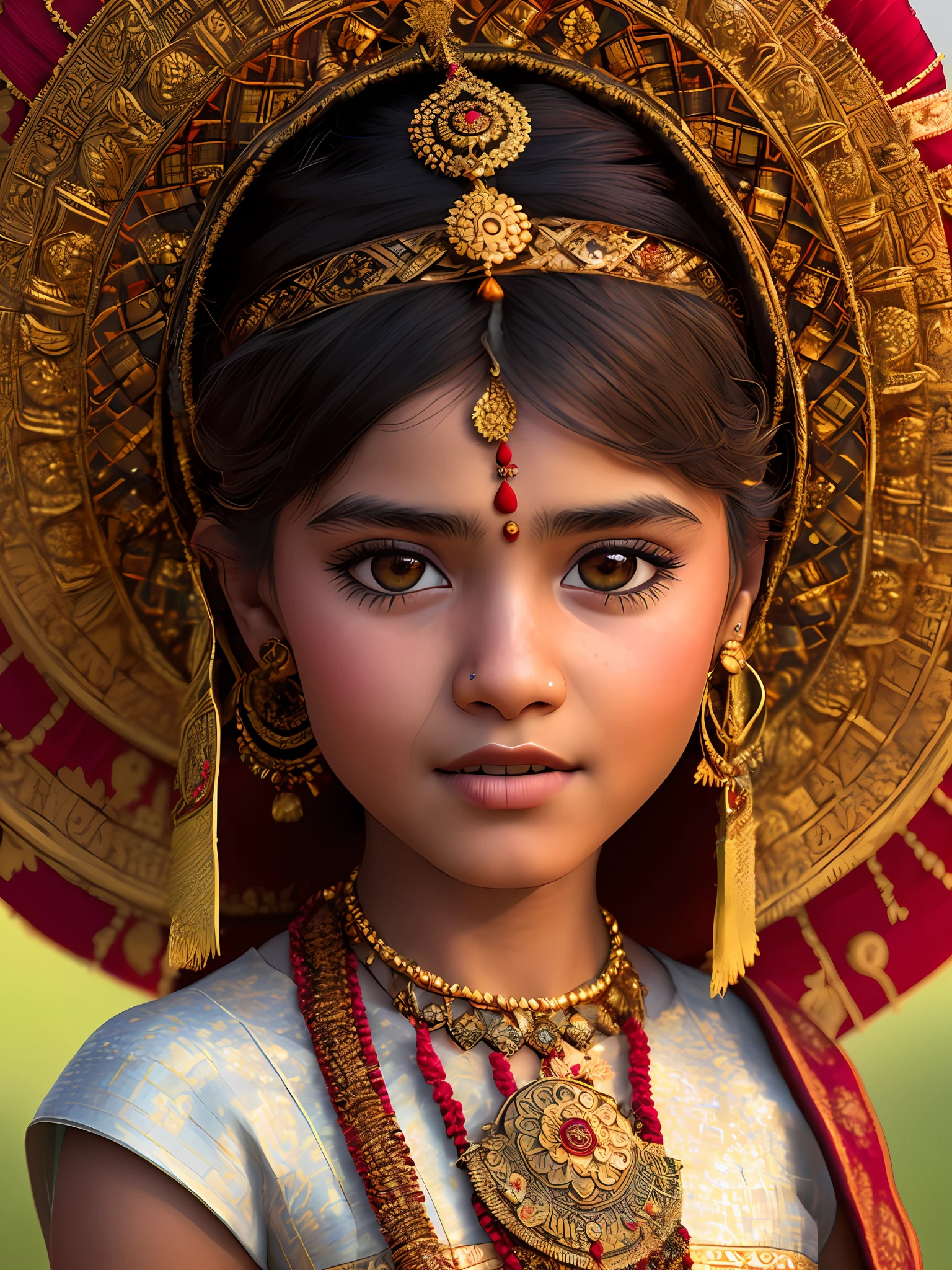A portrait of a Hindu girl in typical costumes, 4K textures, HDR, intricate, highly detailed, sharp focus, hyper-detailed