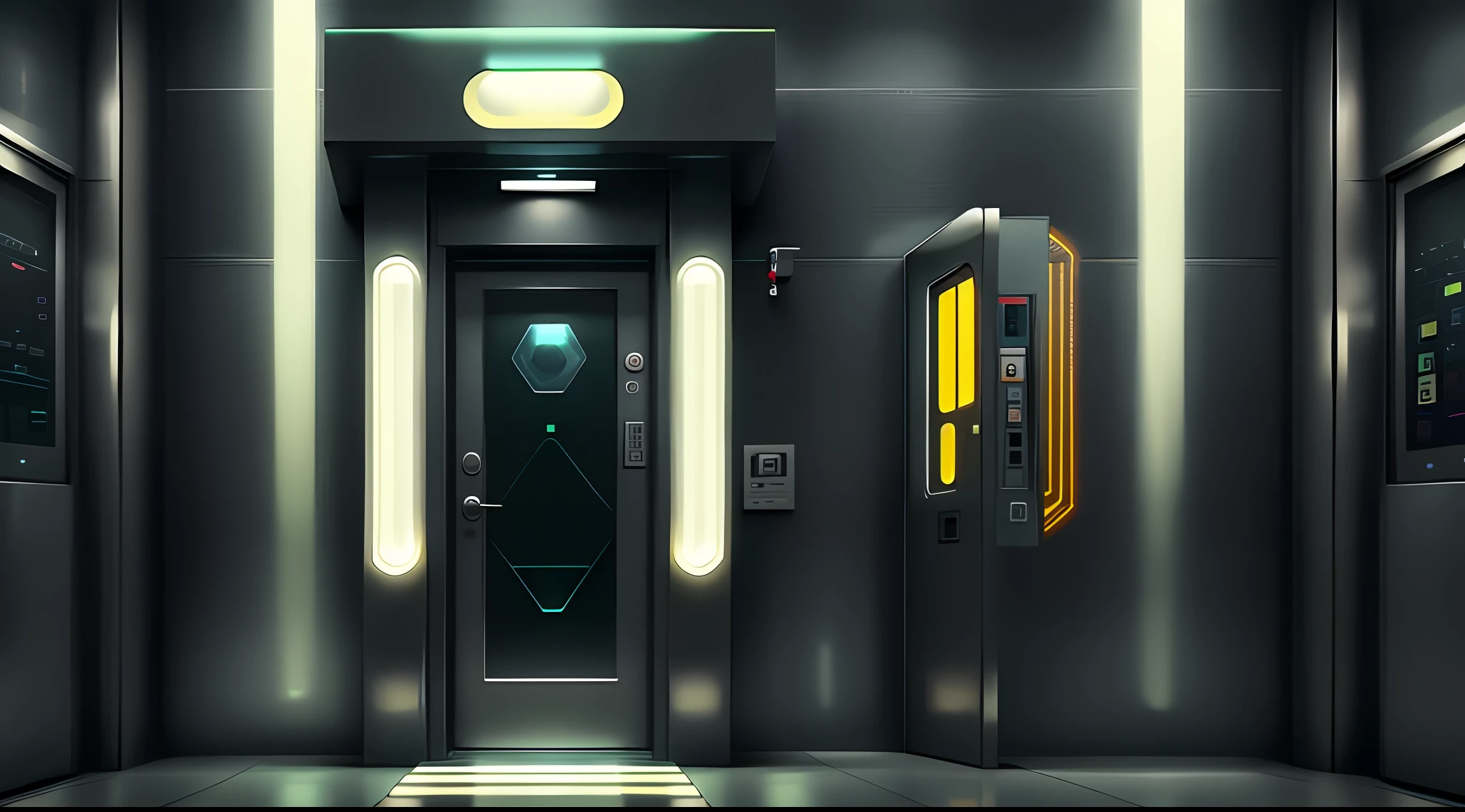 elevator cabin with subroof and LED lighting, pushbutton for 12 stops, color LCD position indicator, mirror in the background and central opening doors,4k