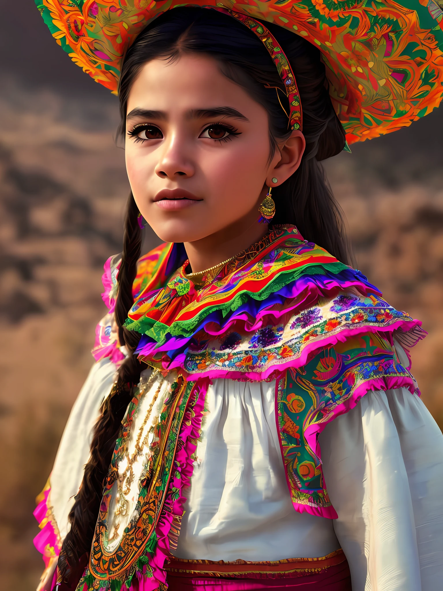 A portrait of a Mexican girl in typical costumes, 4K textures, HDR, intricate, highly detailed, sharp focus, hyper-detailed