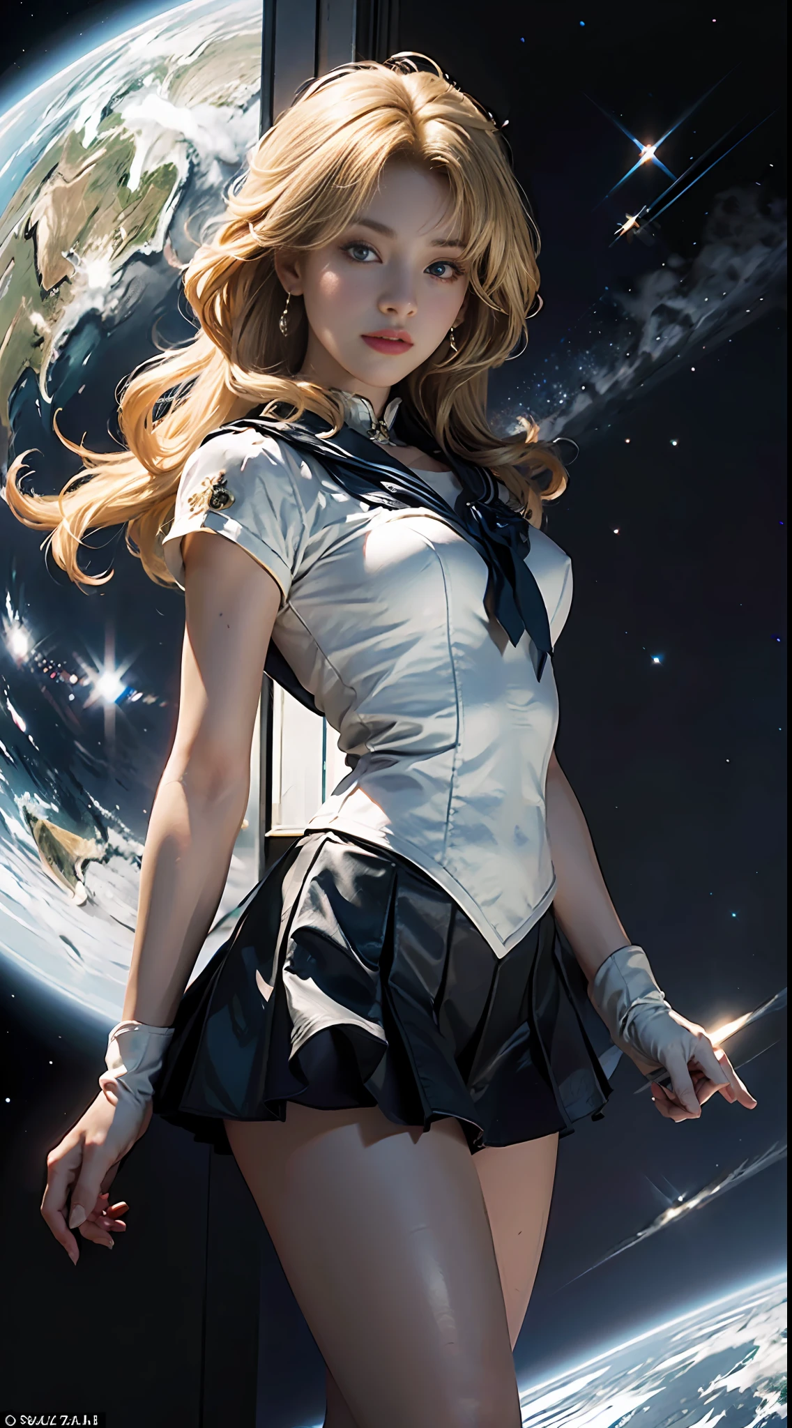 (CG Unity 8K wallpaper with extreme detail, masterpiece, highest quality), (exquisite lighting and shadow, highly dramatic picture, cinematic lens effect), (Sailor Moon: 1.1), double tails, blue eyes, blonde hair, tight top, white gloves, mini skirt, dynamic pose), space station in the background (excellent detail, excellent lighting, wide angle), (excellent rendering, enough to stand out in its class),