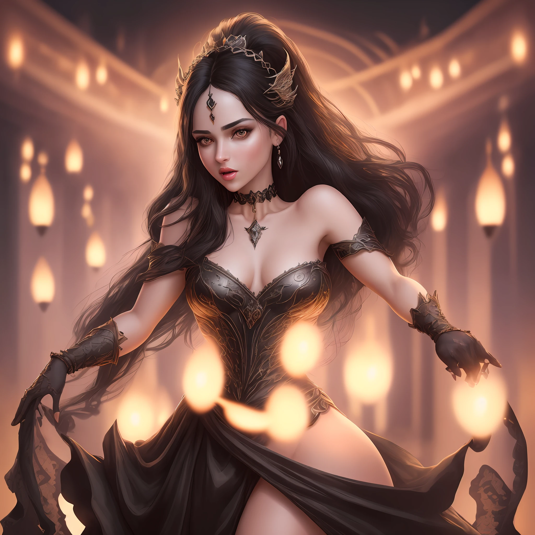 "Complete artwork masterpiece, high quality, ultra detailed in 4k, 8k, high resolution, hyper-realistic photo, hyper-detailed, realistic skin texture, amazing shadows, highly detailed background, extremely detailed texture, perfect lighting, high-level image quality." A queen of high fantasy realm, fair skin, full body pic, long elegant black dress, long black hair, brown eyes, defined face, half-open mouth, small breasts, choker, use woman from reference picture as role model, night lights, high detailed background of fantasy realm night.