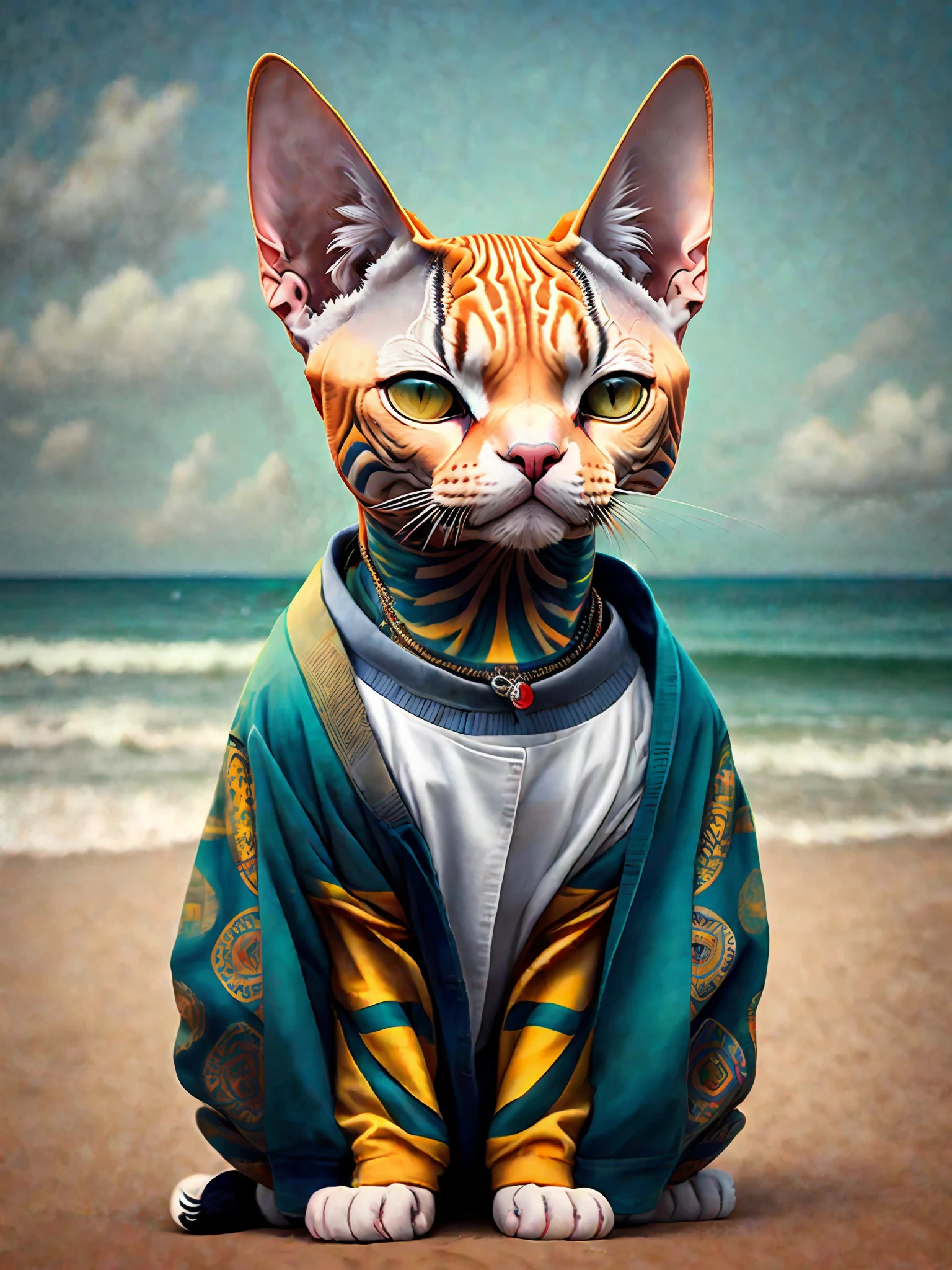 image of a beautiful Sphynx cat, trend of the art season, dressed in beach clothes, hyper realistic detailed rendering, Brazilian gang member, urban style, relaxed pose, planet of cats, fashion clothes, urban samurai, meow, west slavic traits, 8 1 5