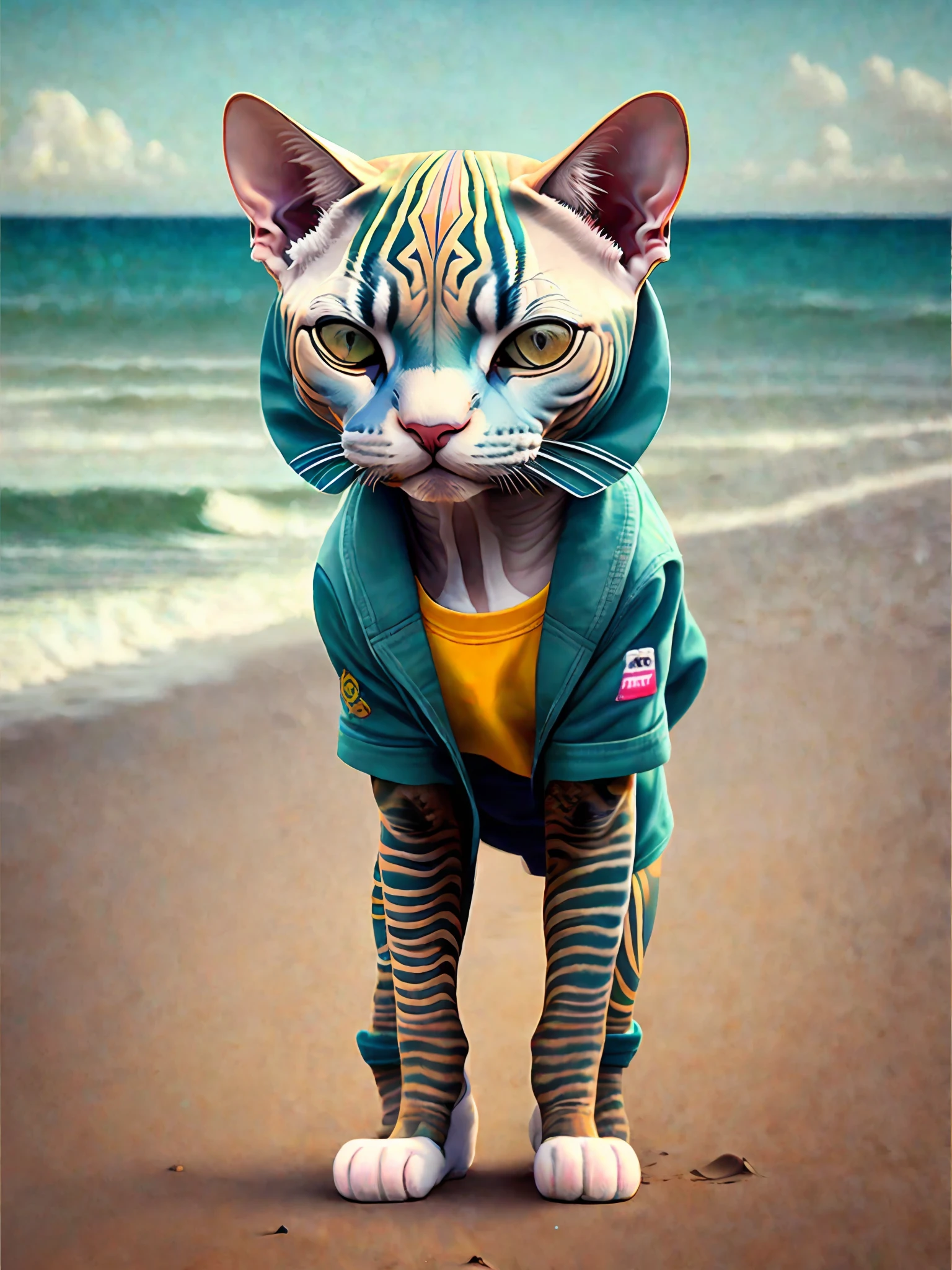 image of a beautiful Sphynx cat, trend of the art season, dressed in beach clothes, hyper realistic detailed rendering, Brazilian gang member, urban style, relaxed pose, planet of cats, fashion clothes, urban samurai, meow, west slavic traits, 8 1 5