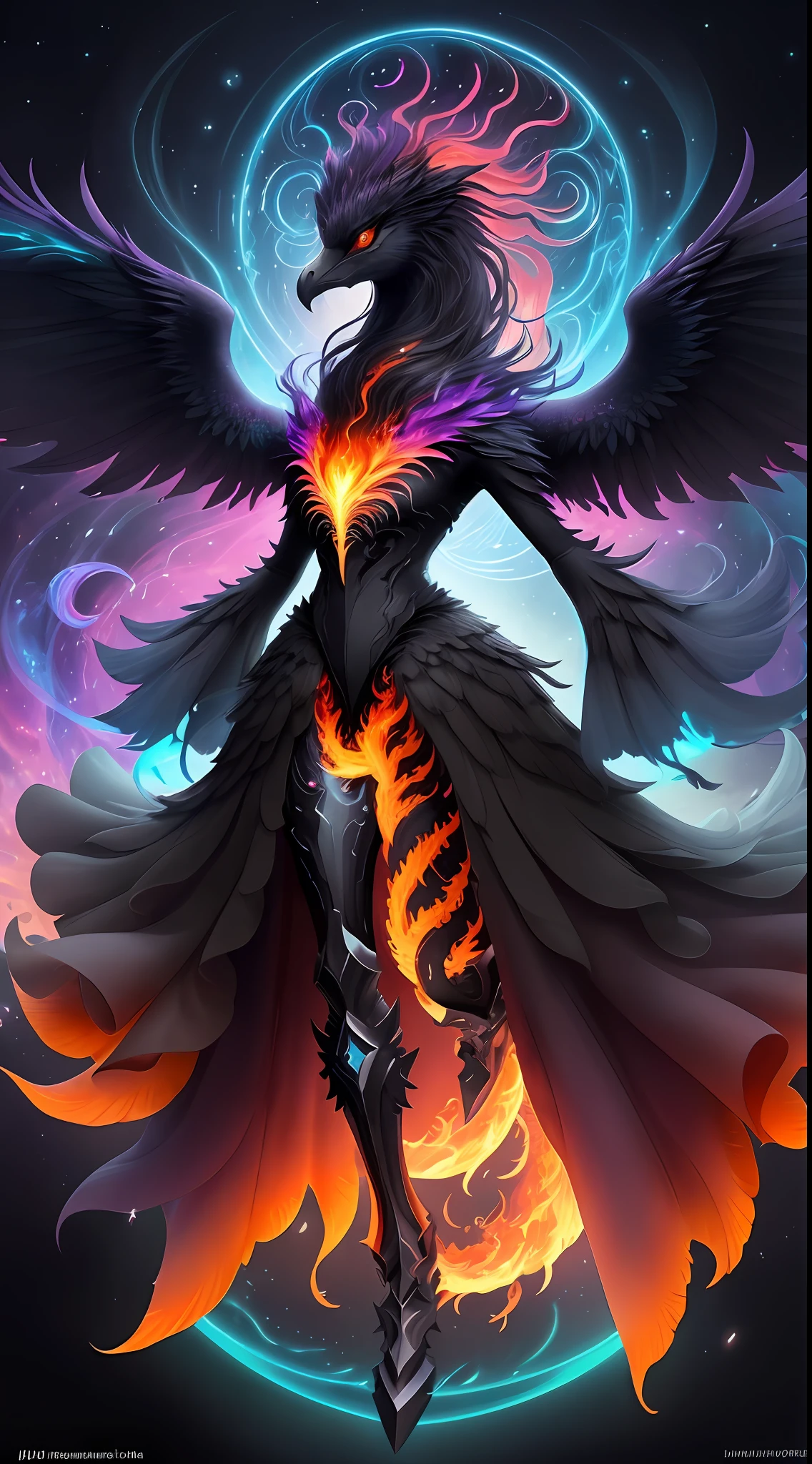 Hello, IA! Please create a Dark creature, Aurora, the Flaming Phoenix
. Explore your creativity to portray this mystical and imaginary creature. Play with vibrant colors, unique shapes and intriguing textures to make the image unique and engaging. I'm excited to see your artistic interpretation of the Dark creature, From Dawn to the Flaming Phoenix