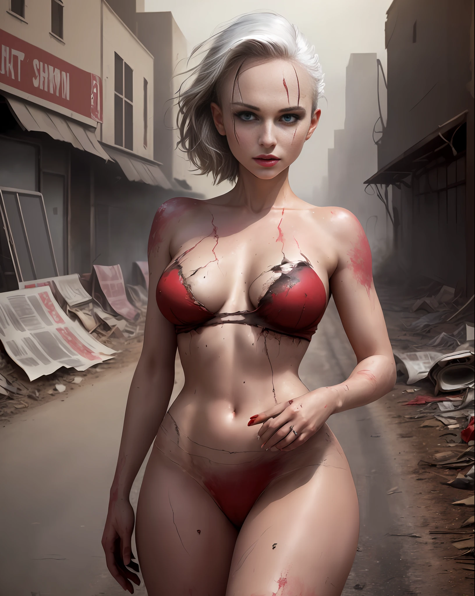 Natalie Portman (beautiful and bold, seductive and attractive, pointed breasts, white hair, sweaty, red body paint, thick legs). (deserted road, dirt road, smoke, abandoned cars, newspapers, abandoned objects, bodies lying on the ground, abandoned road, dark night, apocalyptic scenery, barbed wire, abandoned city, cinematic effect, blurred background, 200mm f1.4 lens), (Best quality, masterpiece, depth of field, Full HD, 4K, richness of detail). Portrait style