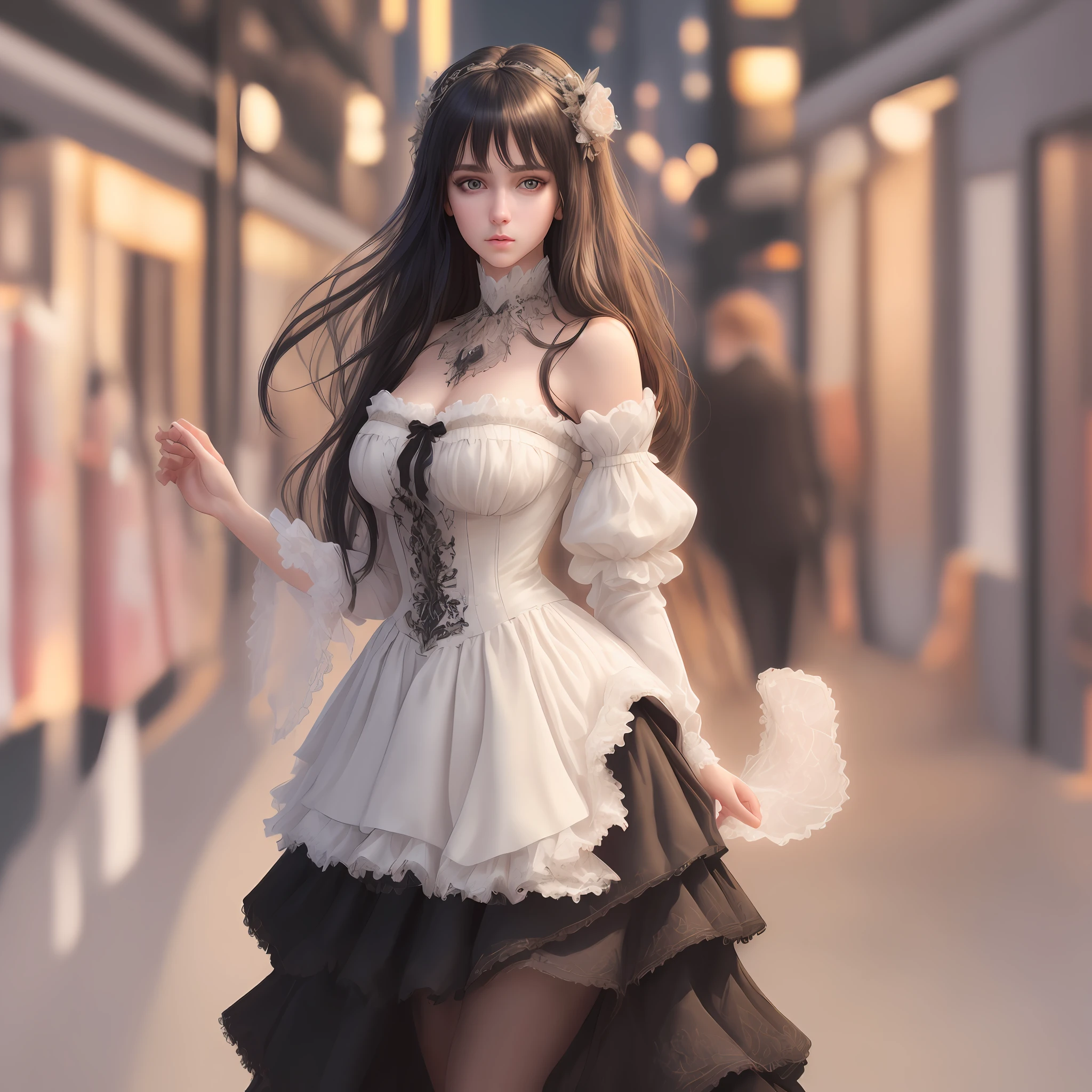 best quality, masterpiece, extremely delicate and beautiful, extremely detailed, CG, unit, 8k wallpaper, amazing, fine details, masterpiece, best quality, extremely detailed 8k wallpaper of CG unit, absurd, incredibly absurd, huge file size, ultra-detailed, highres, extremely detailed, beautiful detailed girl, extremely detailed eyes and face, beautiful detailed eyes, (RAW photo, best quality),  (realistic, photorealistic: 1.3), random fancy black clothing, layered hair, night, half body, light on face, standing on shopping street, small breasts, long dark hair