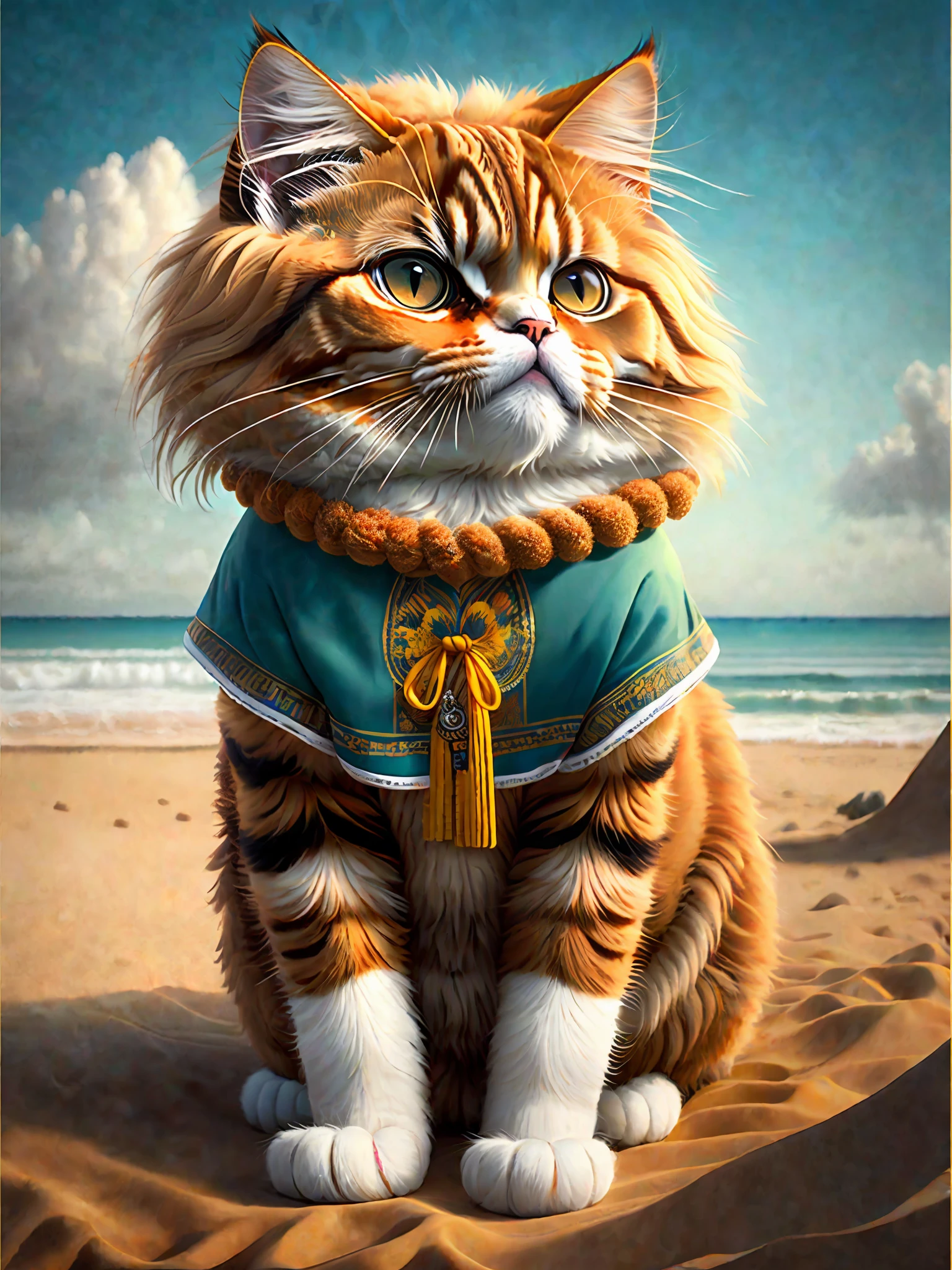 image of a beautiful Persian breed cat like garfield, art season trend, dressed in beachwear, hyper realistic detailed rendering, brazilian gang member, urban style, relaxed pose, planet of cats, fashion clothes, urban samurai, meow, west slavic traits, 8 1 5