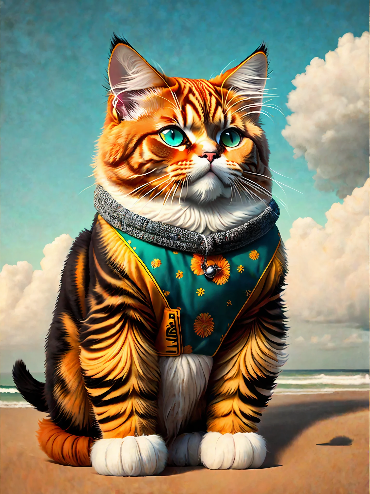 image of a beautiful Persian breed cat like garfield, art season trend, dressed in beachwear, hyper realistic detailed rendering, brazilian gang member, urban style, relaxed pose, planet of cats, fashion clothes, urban samurai, meow, west slavic traits, 8 1 5