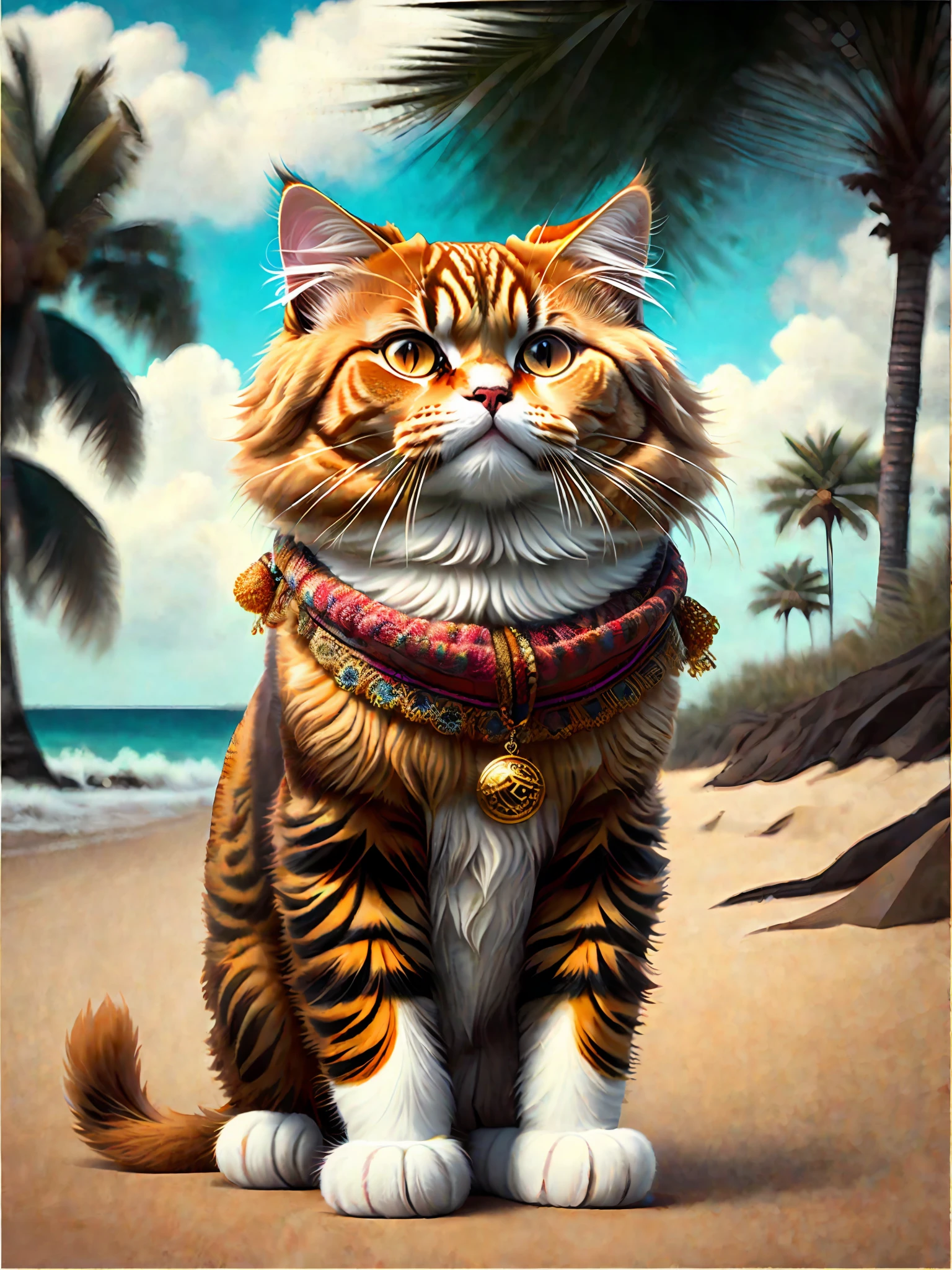 image of a beautiful Persian breed cat like garfield, art season trend, dressed in beachwear, hyper realistic detailed rendering, brazilian gang member, urban style, relaxed pose, planet of cats, fashion clothes, urban samurai, meow, west slavic traits, 8 1 5
