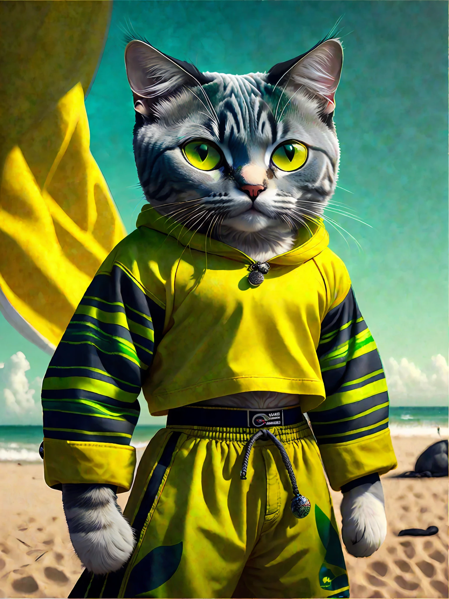 image of a beautiful Chartreux cat, trend of the art season, dressed in beachwear, hyper realistic detailed rendering, Brazilian gang member, urban style, relaxed pose, planet of cats, fashion clothes, urban samurai, meow, west slavic traits, 8 1 5